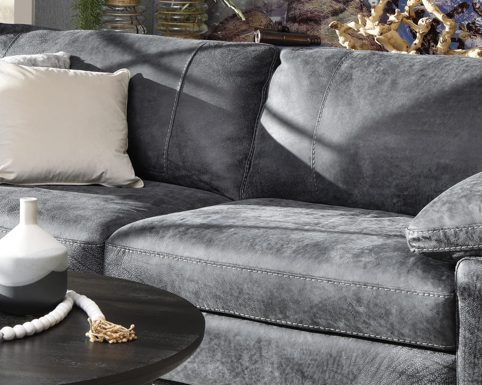 Worn Gray Leather Sectional in Living Room