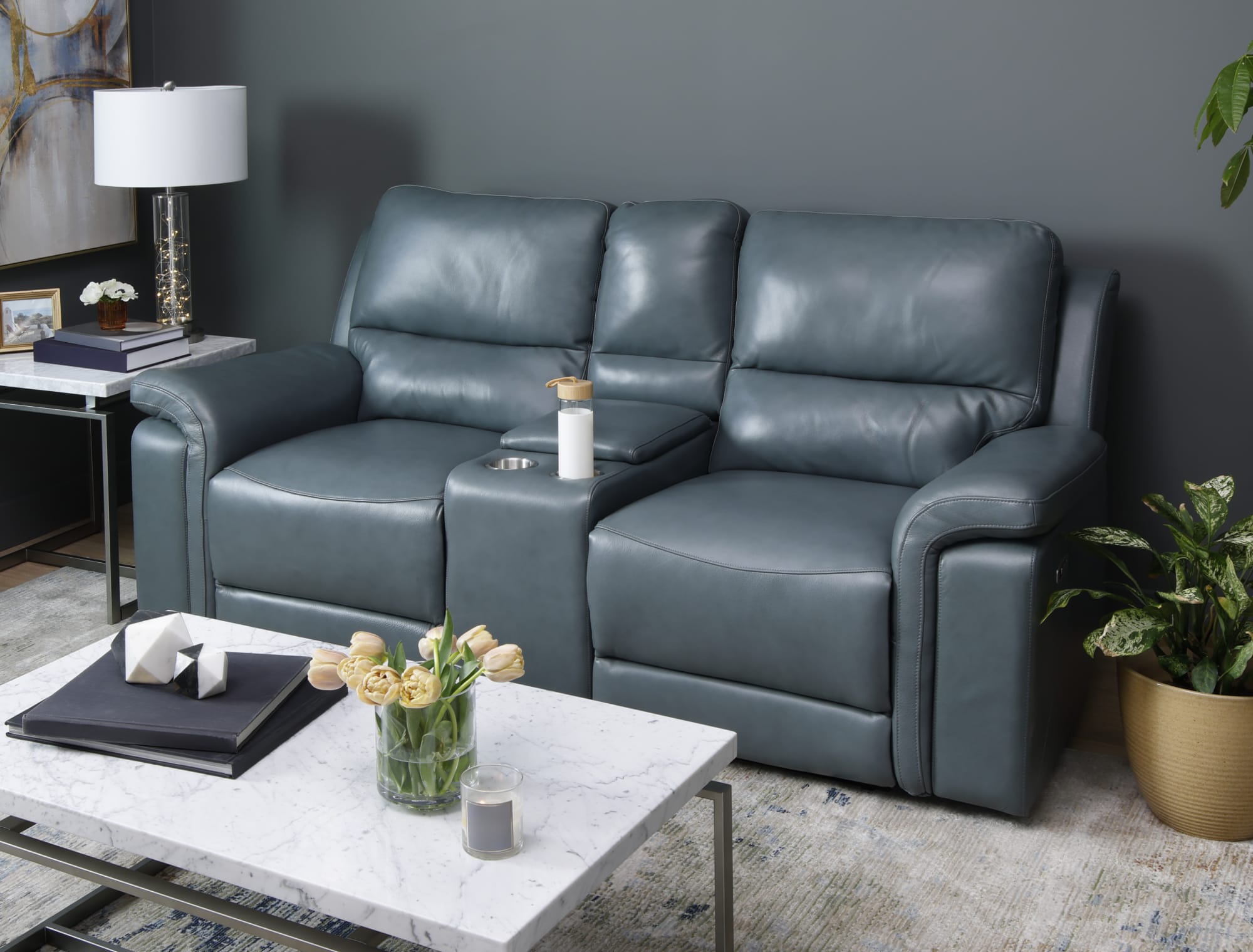 Royce Power Reclining Leather Loveseat with Center Console