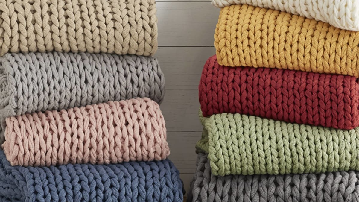 Colorful chunky double knit handmade throw blankets stacked on top of each other