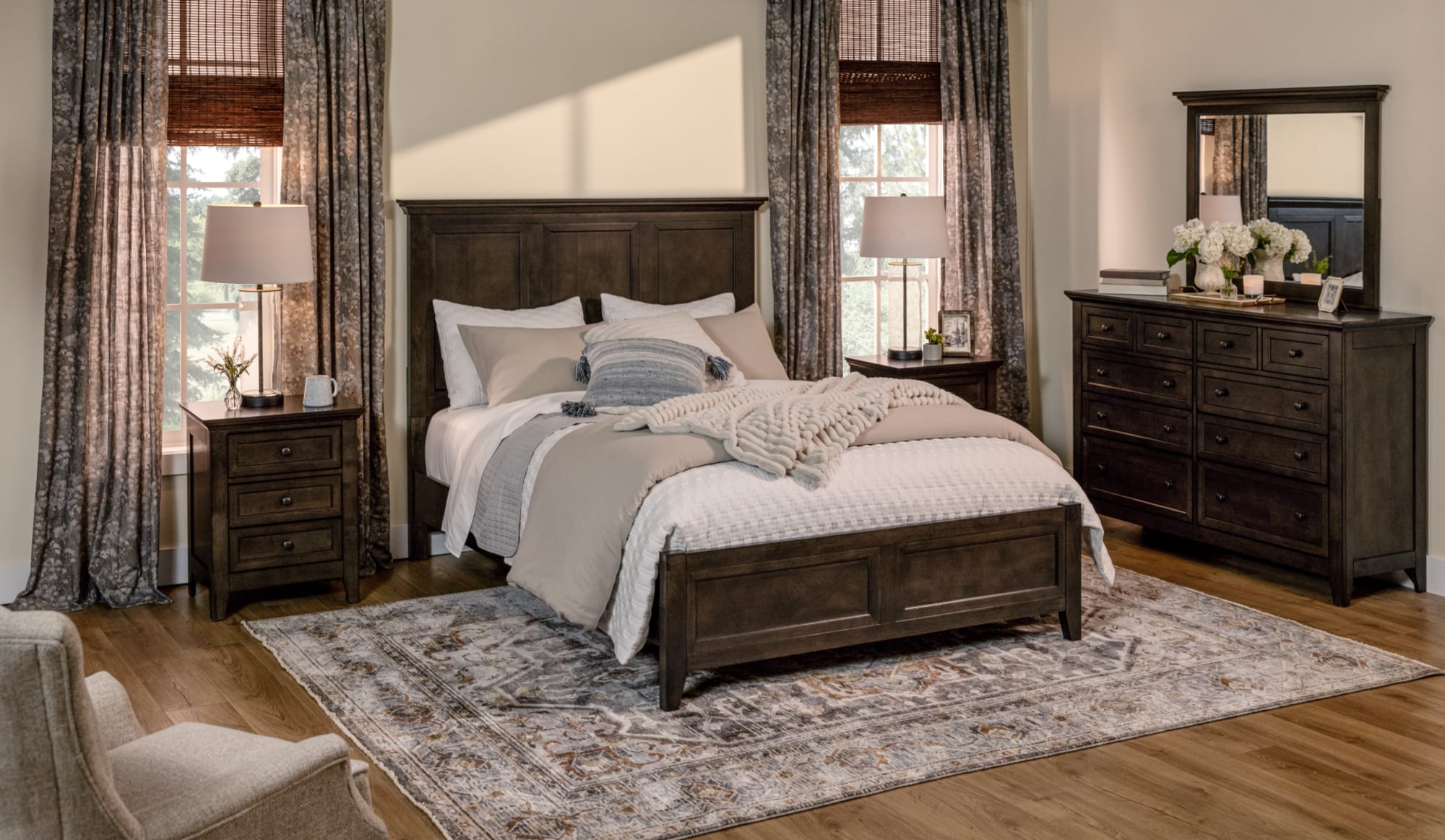 Dark Brown Wooden Bed Frame in Bedroom