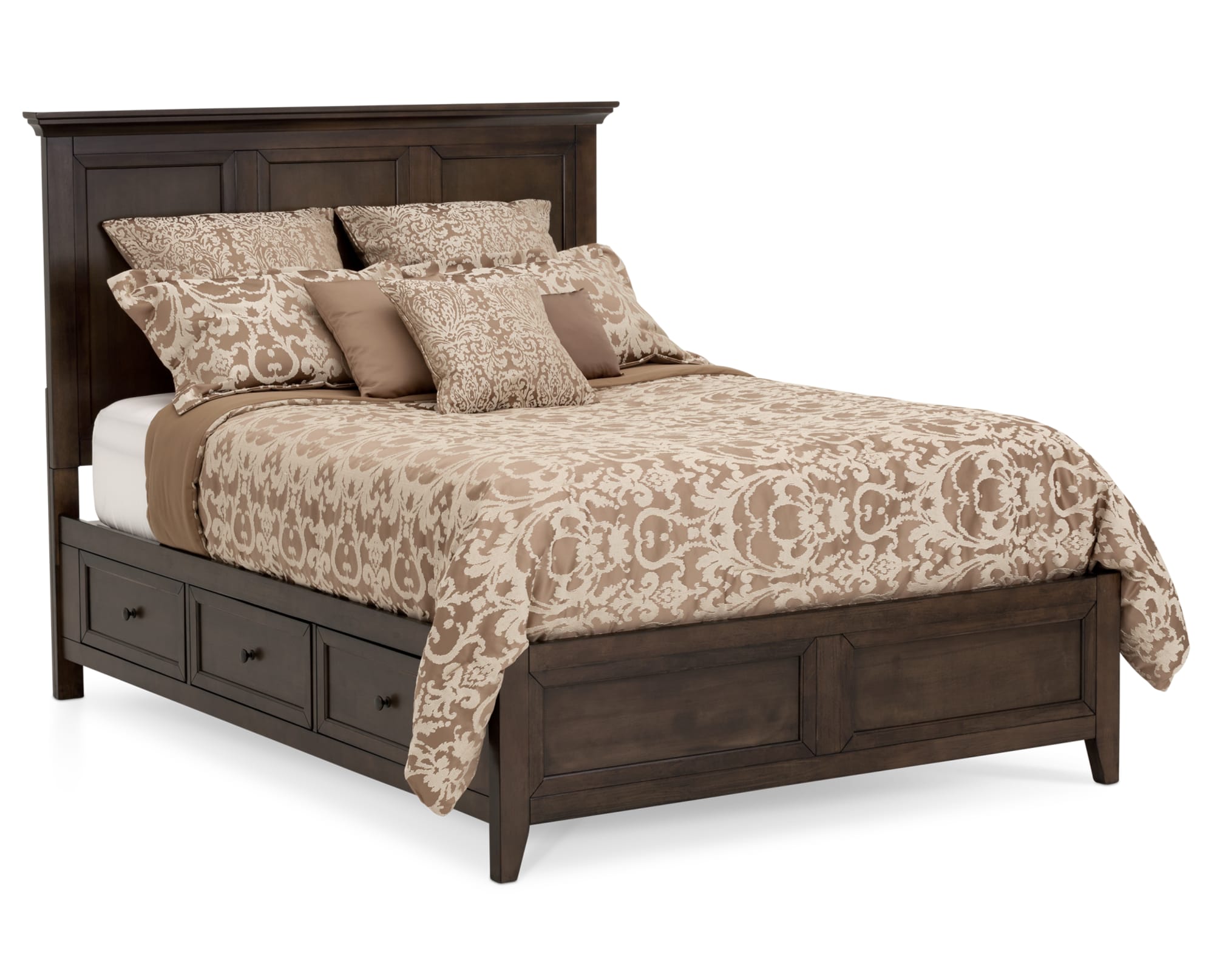 A dark wood bed turned at an angle on a white background