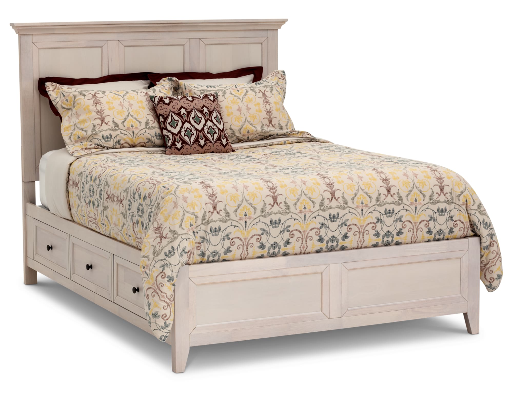 A white wood bed, the Bonn Bed, turned on a white background