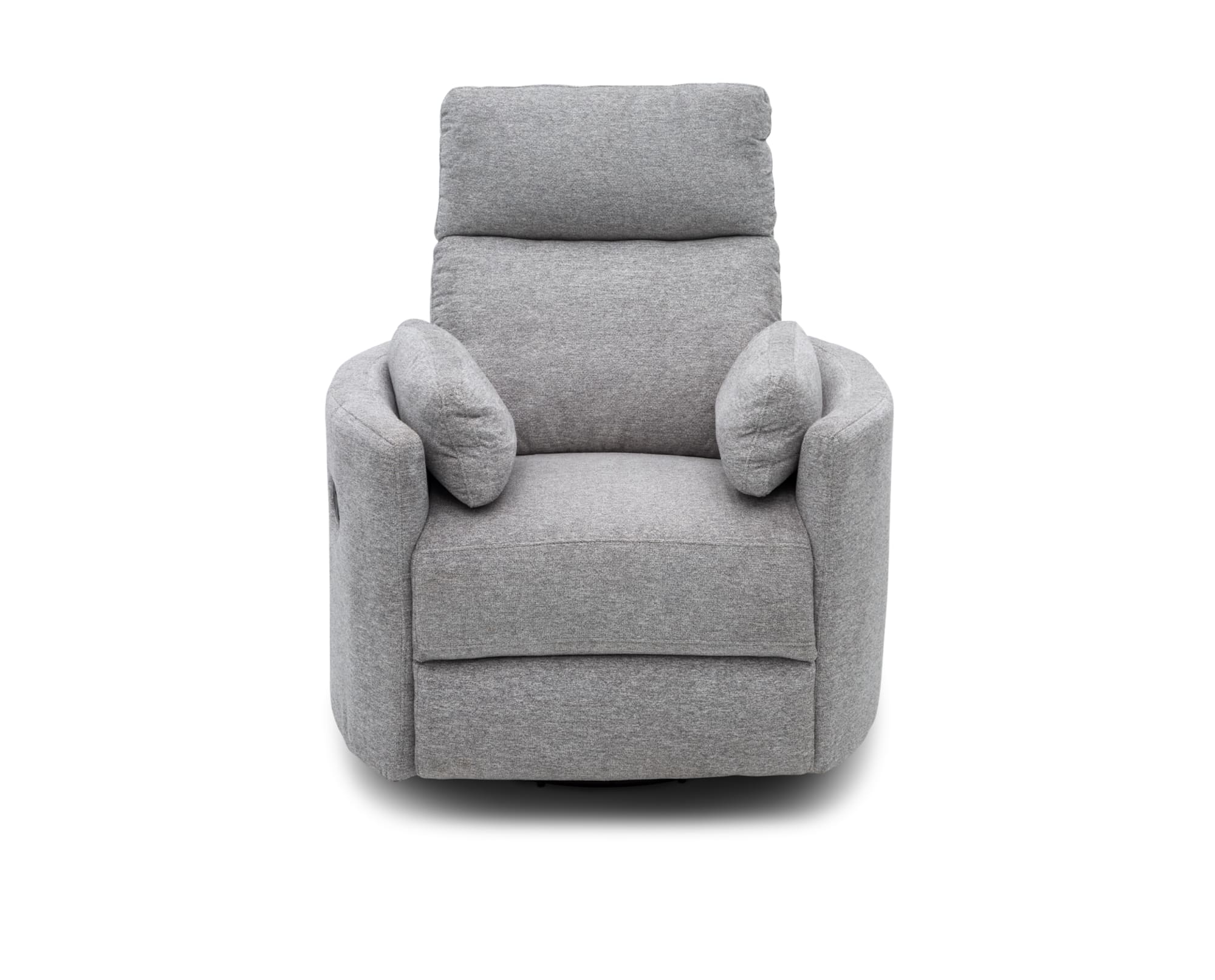 The Cooper Swivel Recliner in Grey fabric on white background