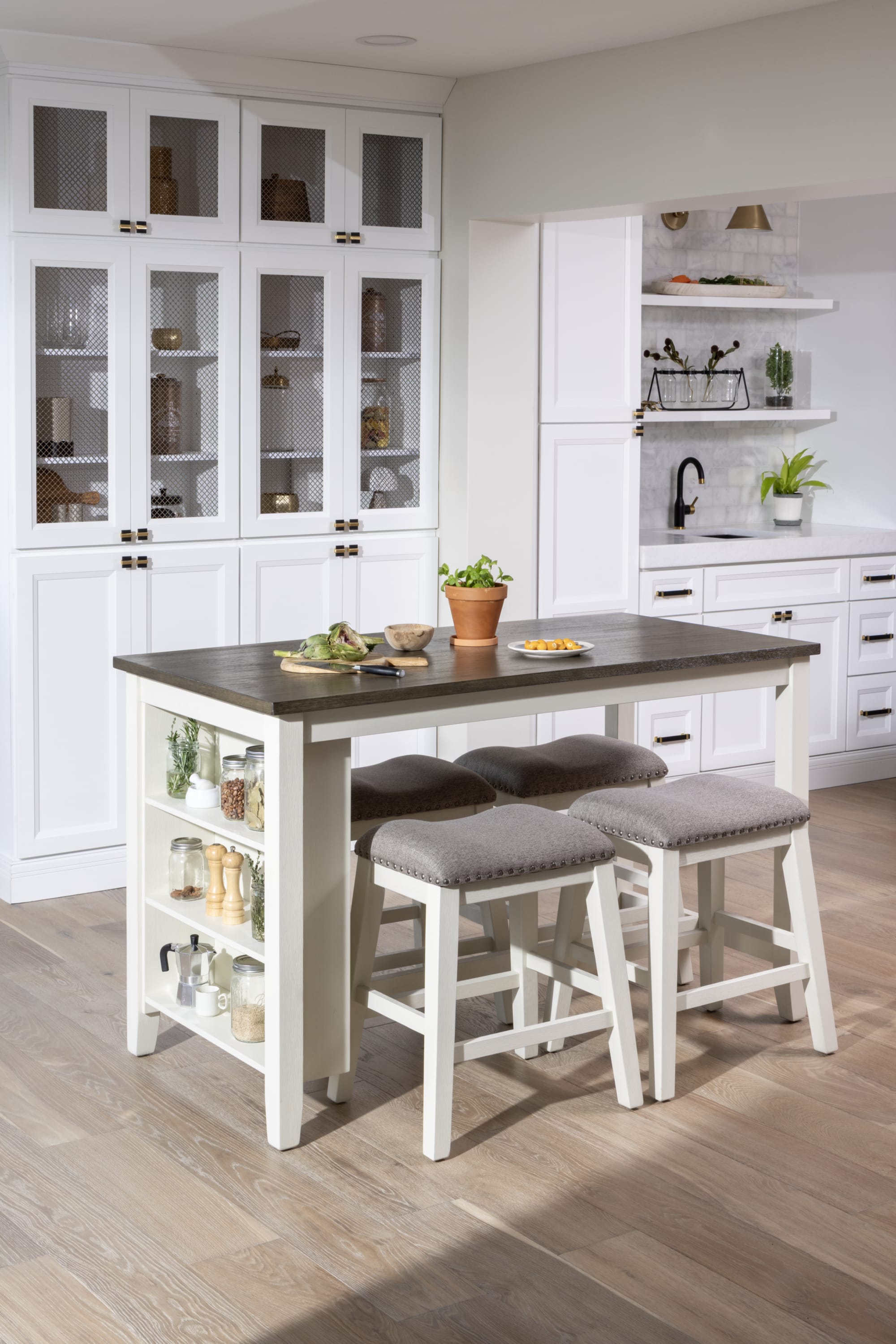 White Dining Table with Brown top and storage shelves in dining room kitchen