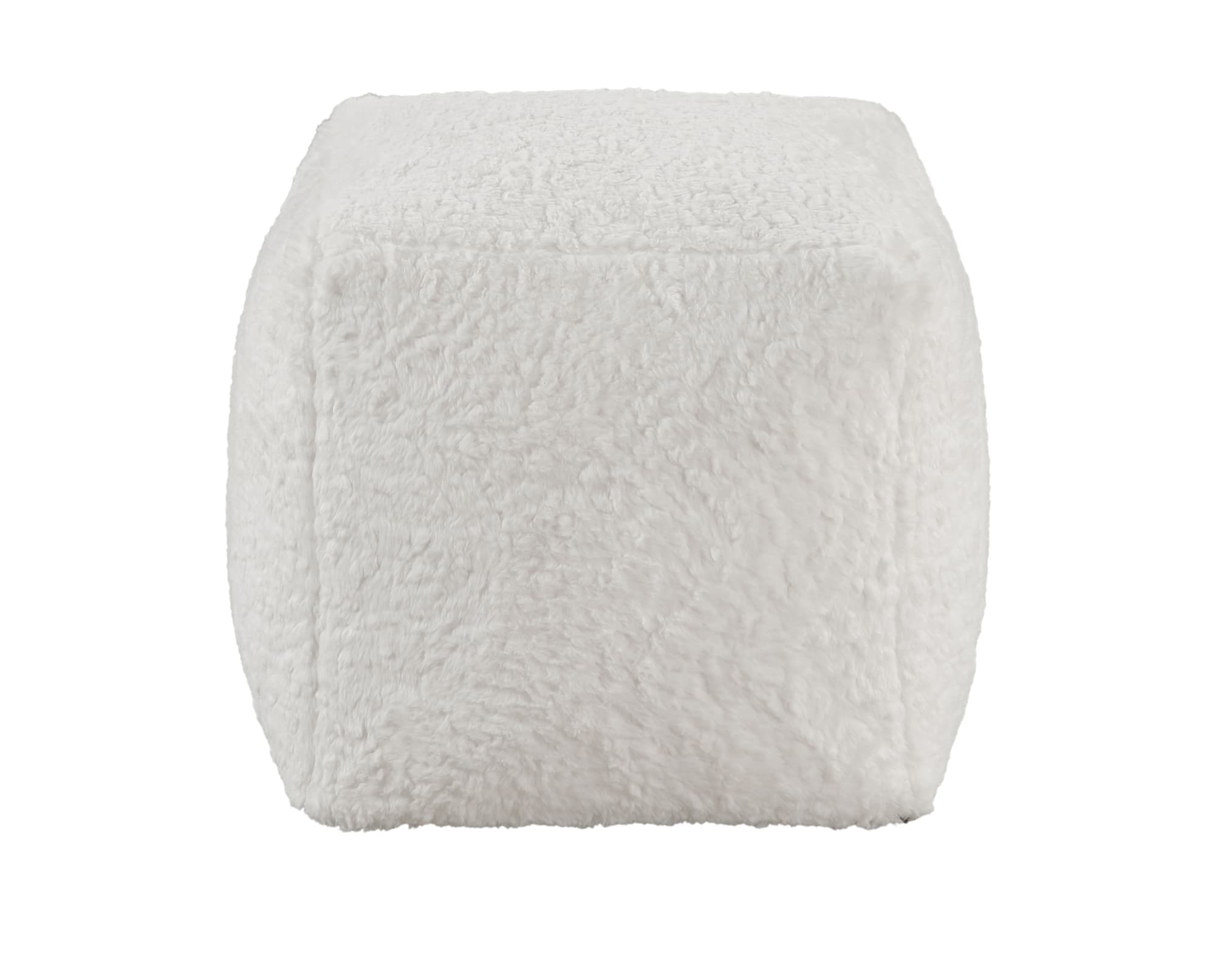 The fuzzy, ivory Eleena Pouf Ottoman on white background