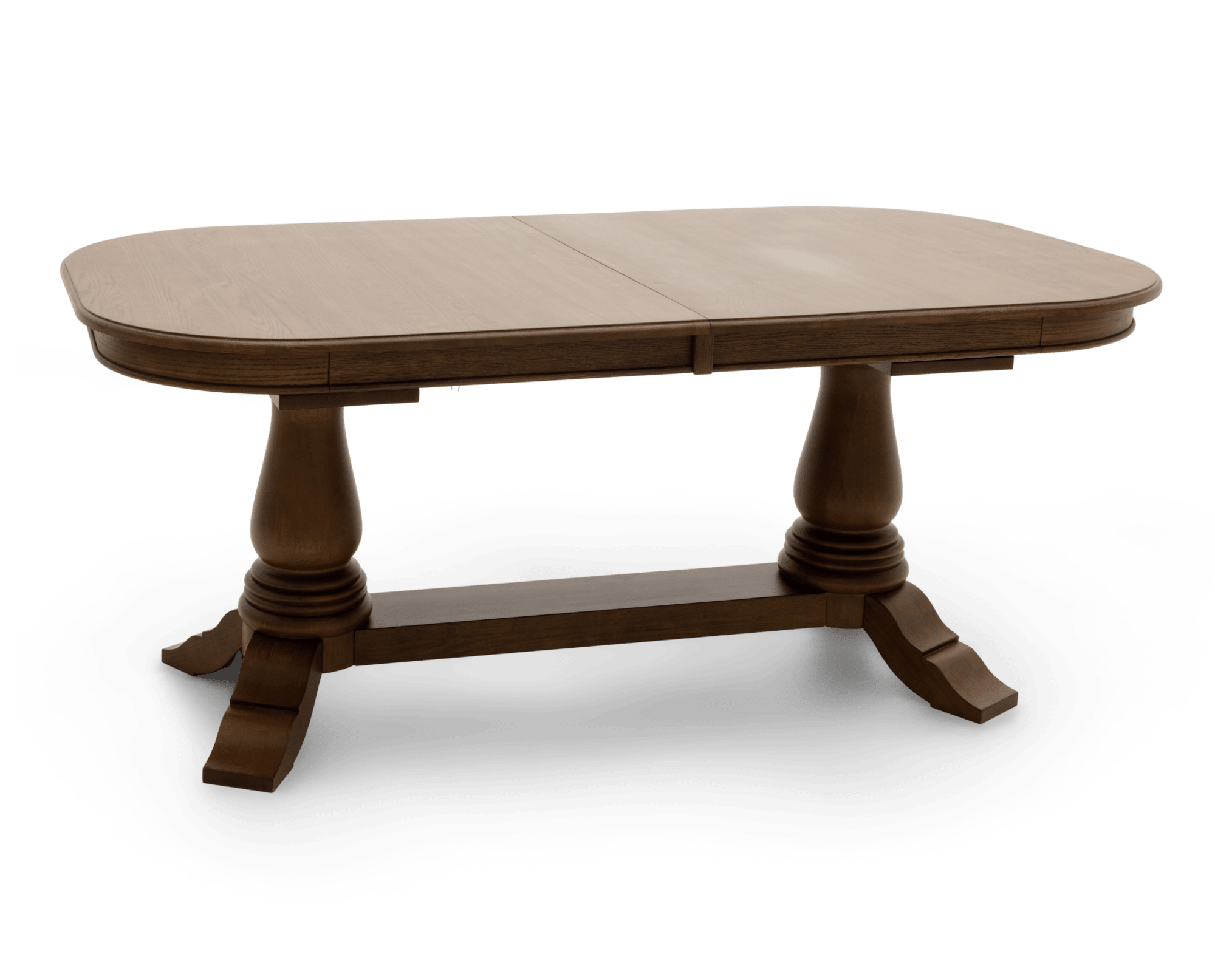The Heirloom Double Pedestal Dark Dining Table without extension leaf, lightly rotated