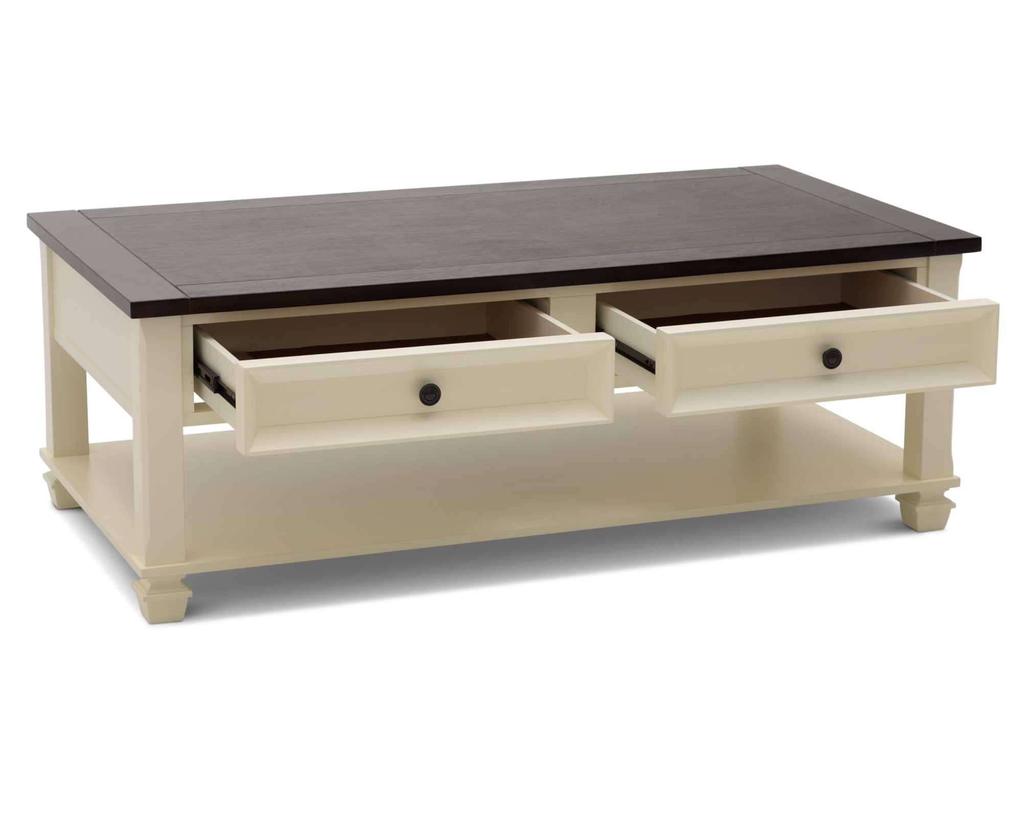 Farmhouse-inspired rectangular wooden coffee table in a two-tone finish with two built-in open drawers