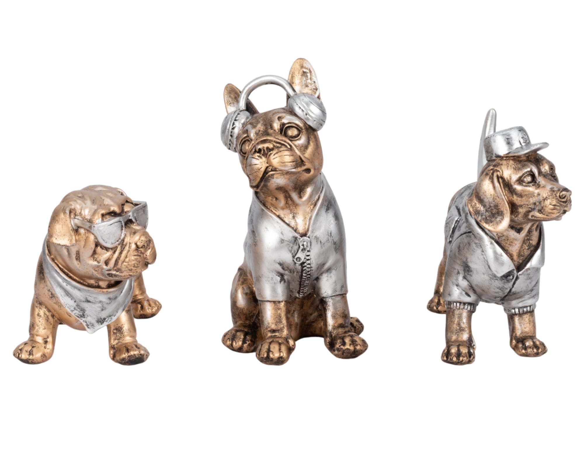 Three small dog figurines pictured on a white background
