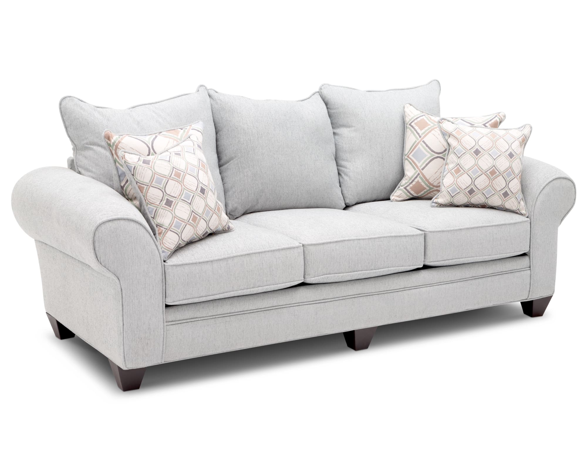 Pale teal memory foam sofa sleeper with rolled arms and dark wood feet on white background