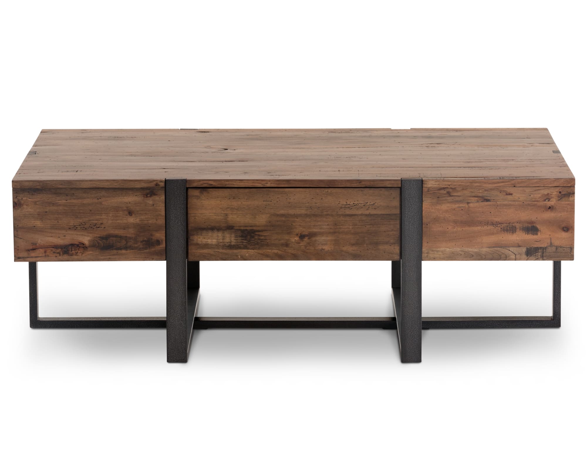Industrial-style coffee table with distressed iron base and honey finished wood tabletop