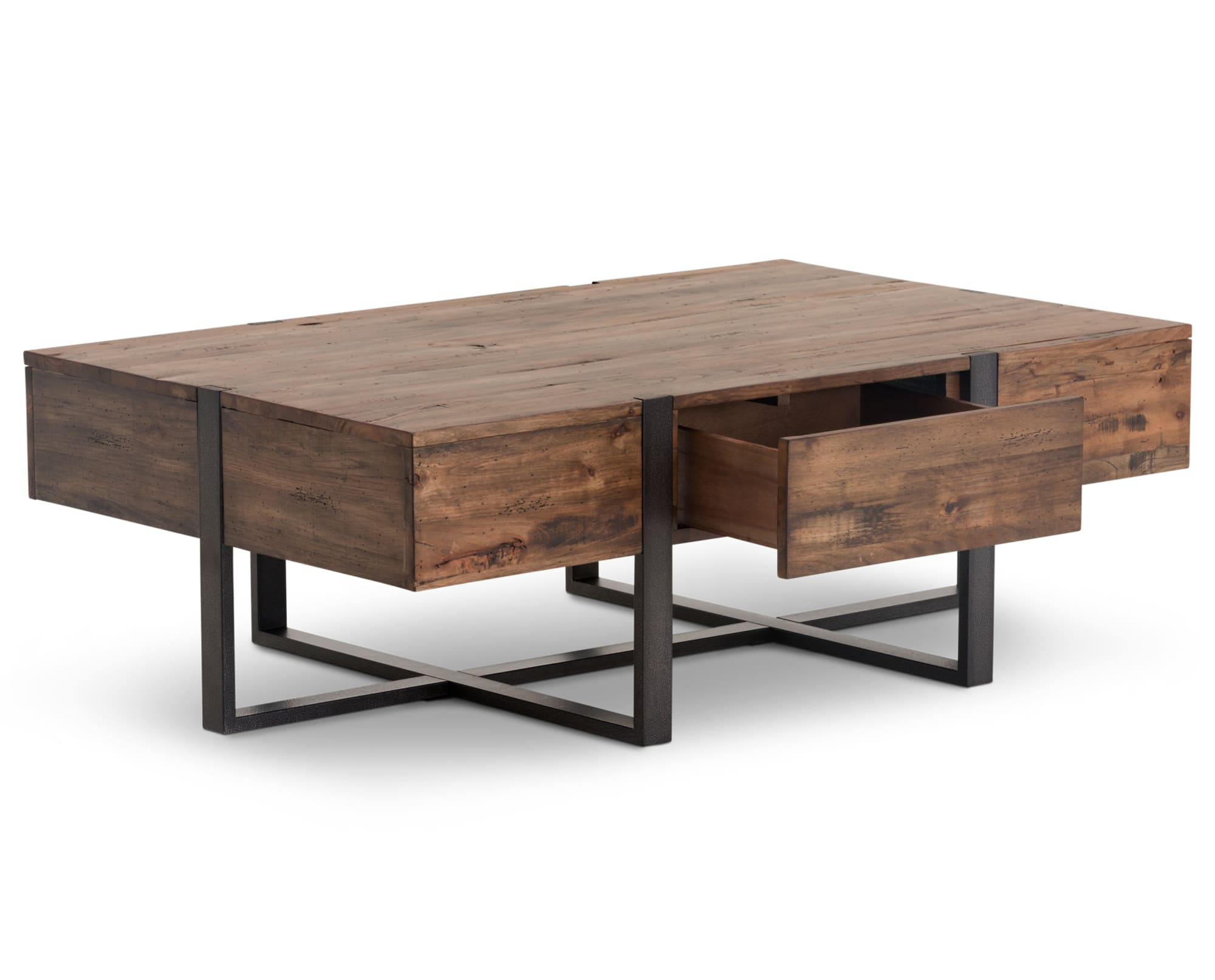 Honey finished wooden coffee table on distressed iron base displaying an open built-in tabletop drawer