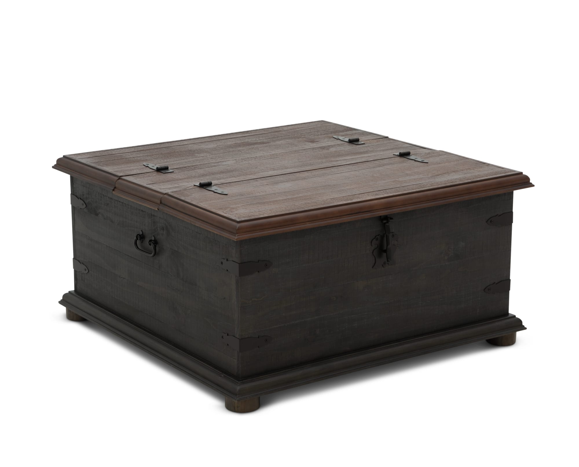 Rustic wooden square trunk coffee table featuring a two-tone finish and built-in storage