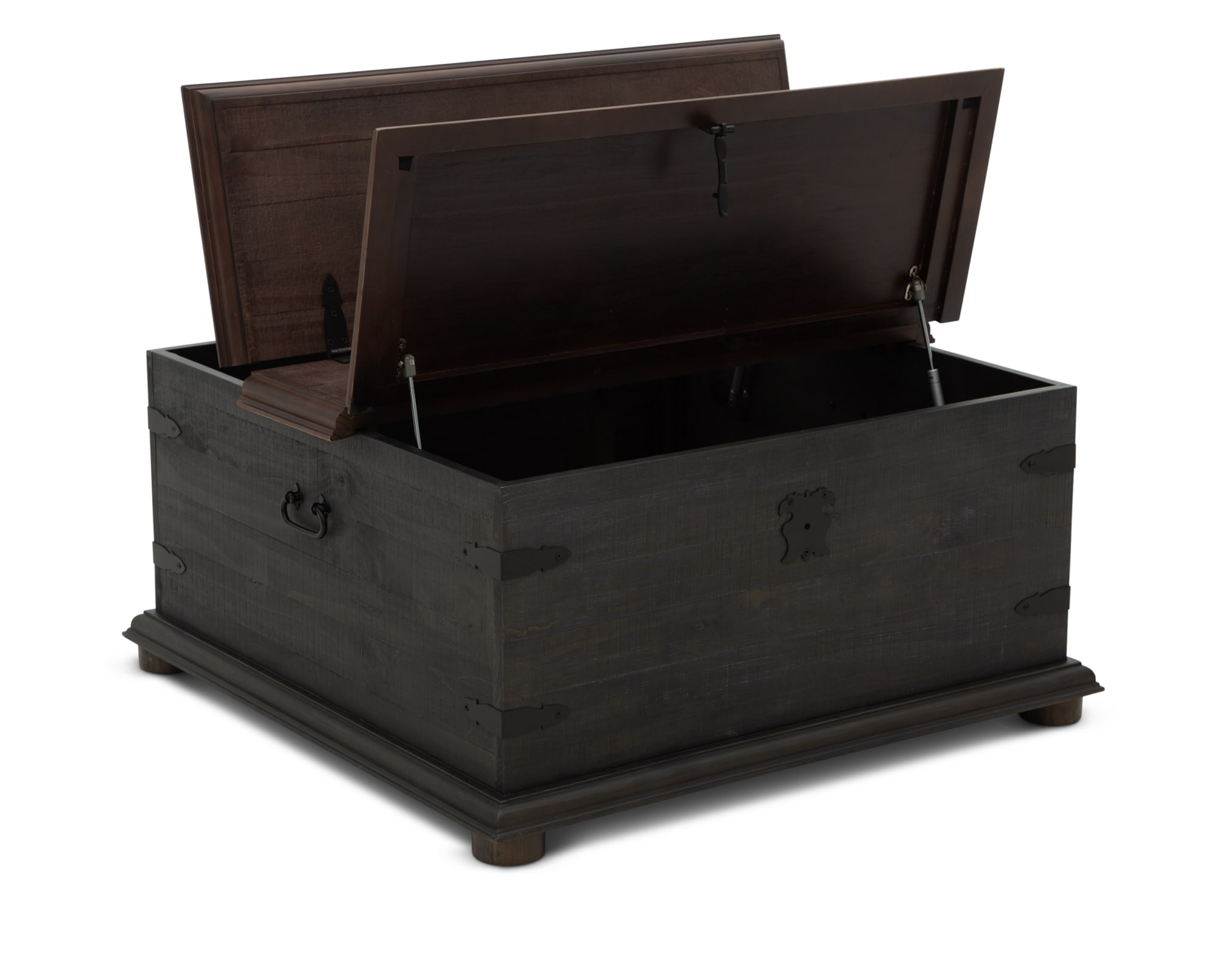 Square wooden coffee table in two-tone deep brown finish, featuring gas lifted tabletop to reveal built-in trunk storage