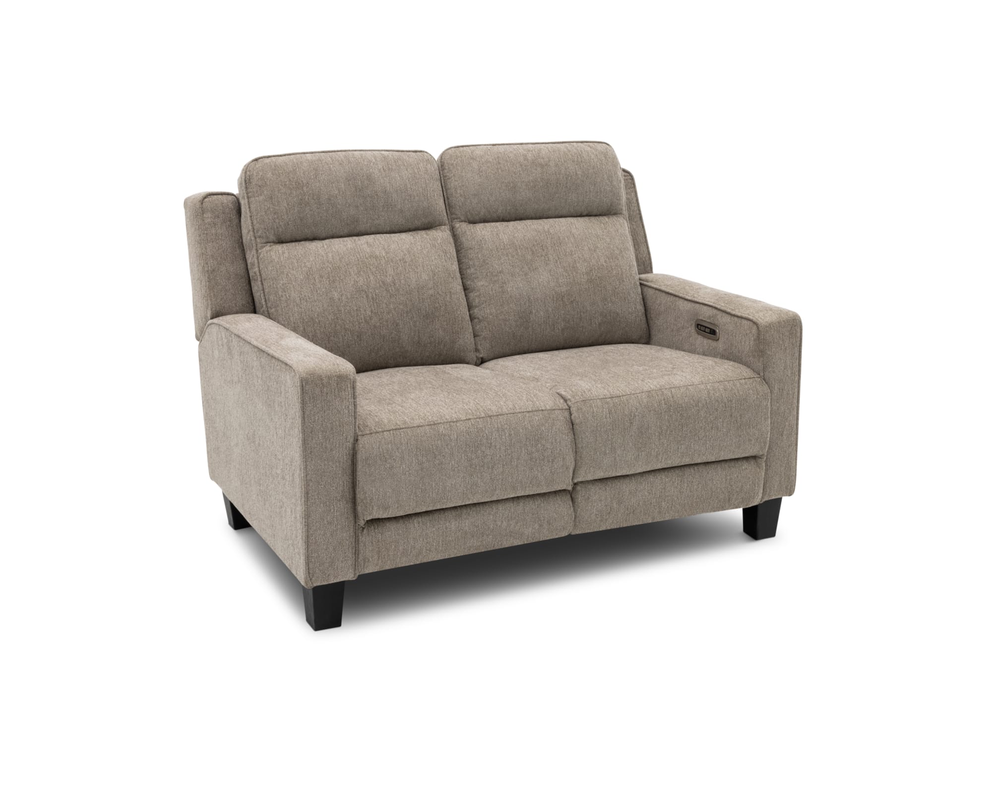 Taupe track arm power reclining loveseat on white background
