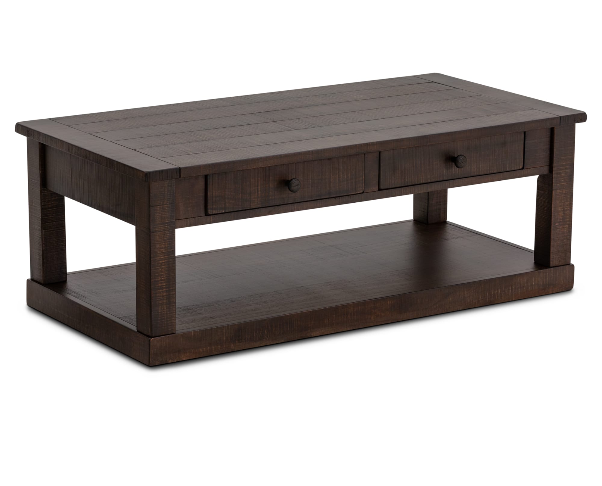 Rectangular coffee table featuring an open bottom shelf, two built-in drawers, and a planked top all in deep brown