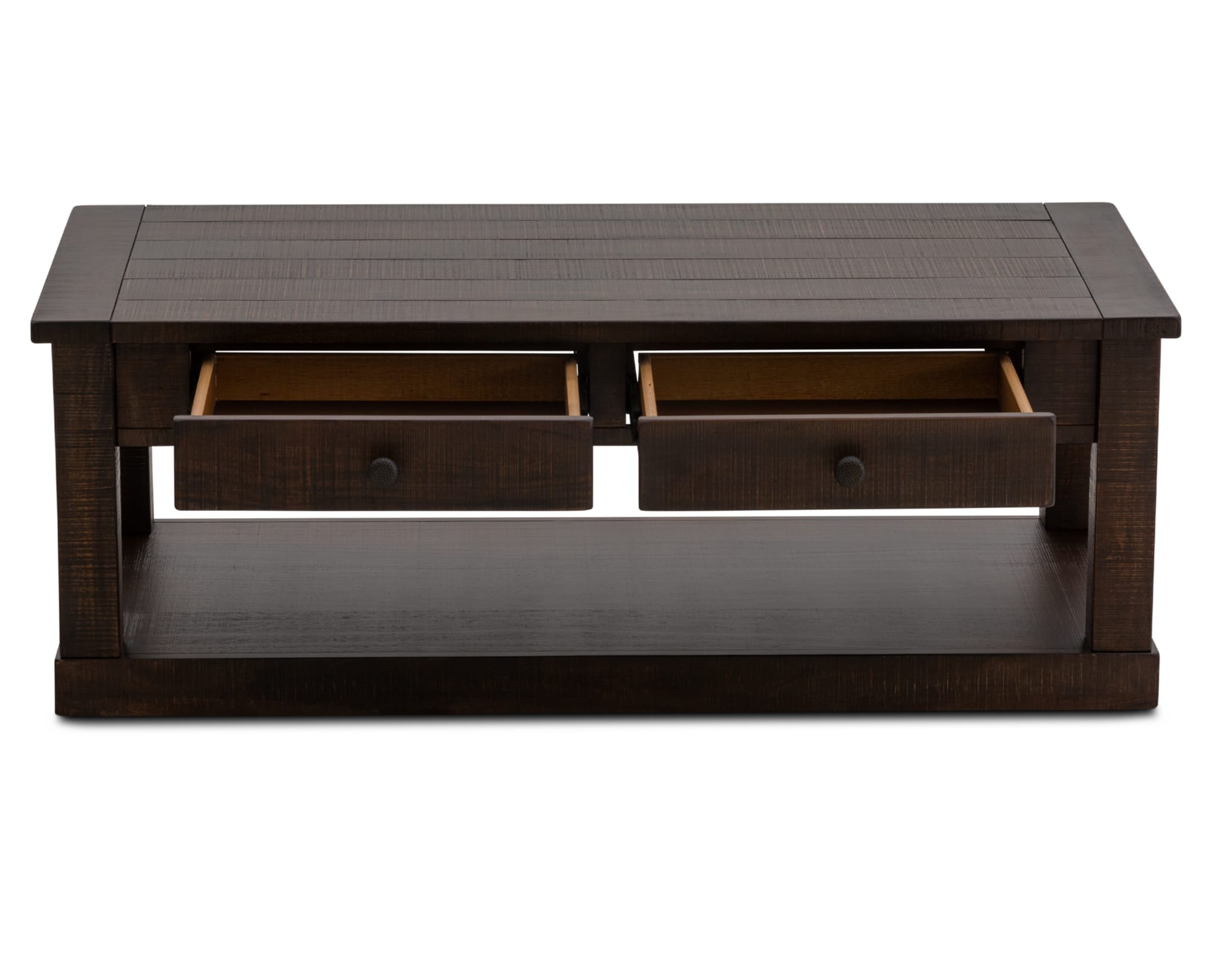 Dark brown wooden coffee table featuring two open built-in drawers above an open lower shelf