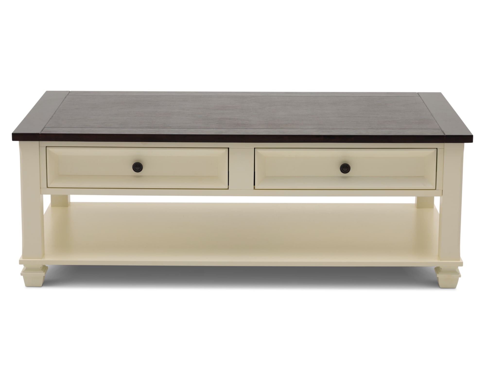Wooden, farmhouse coffee table with built in storage in a two-tone finish on white background