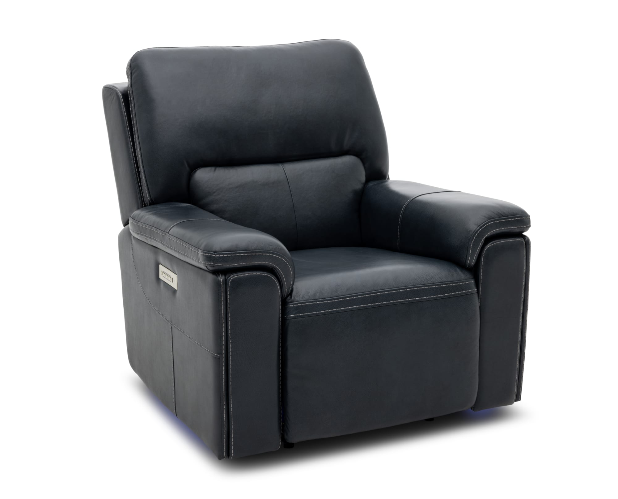 Home theater recliner chair in leather and faux leather with pillow top track arms on white background