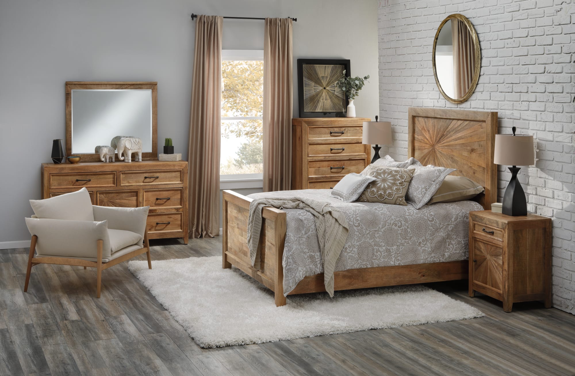 Rustic wood panel bed with sunburst inlay headboard accompanied by nightstand, dresser, chest, mirror, and chair in bedroom window scene