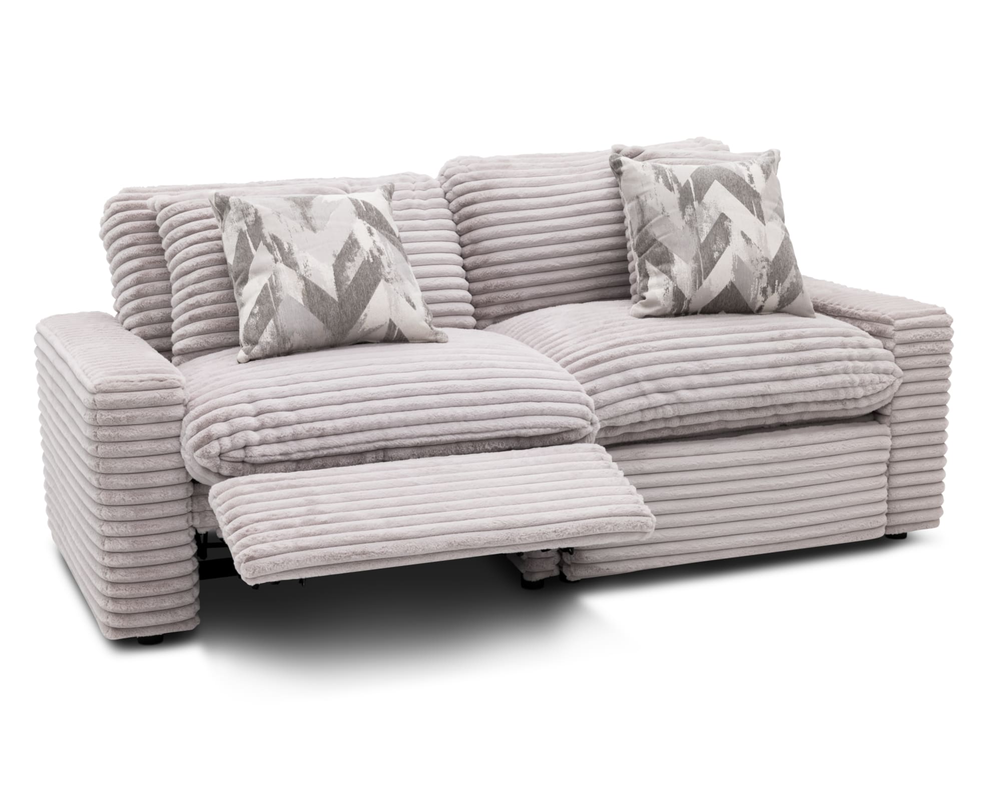 The dove gray Kokomo Power Reclining Loveseat on a white background