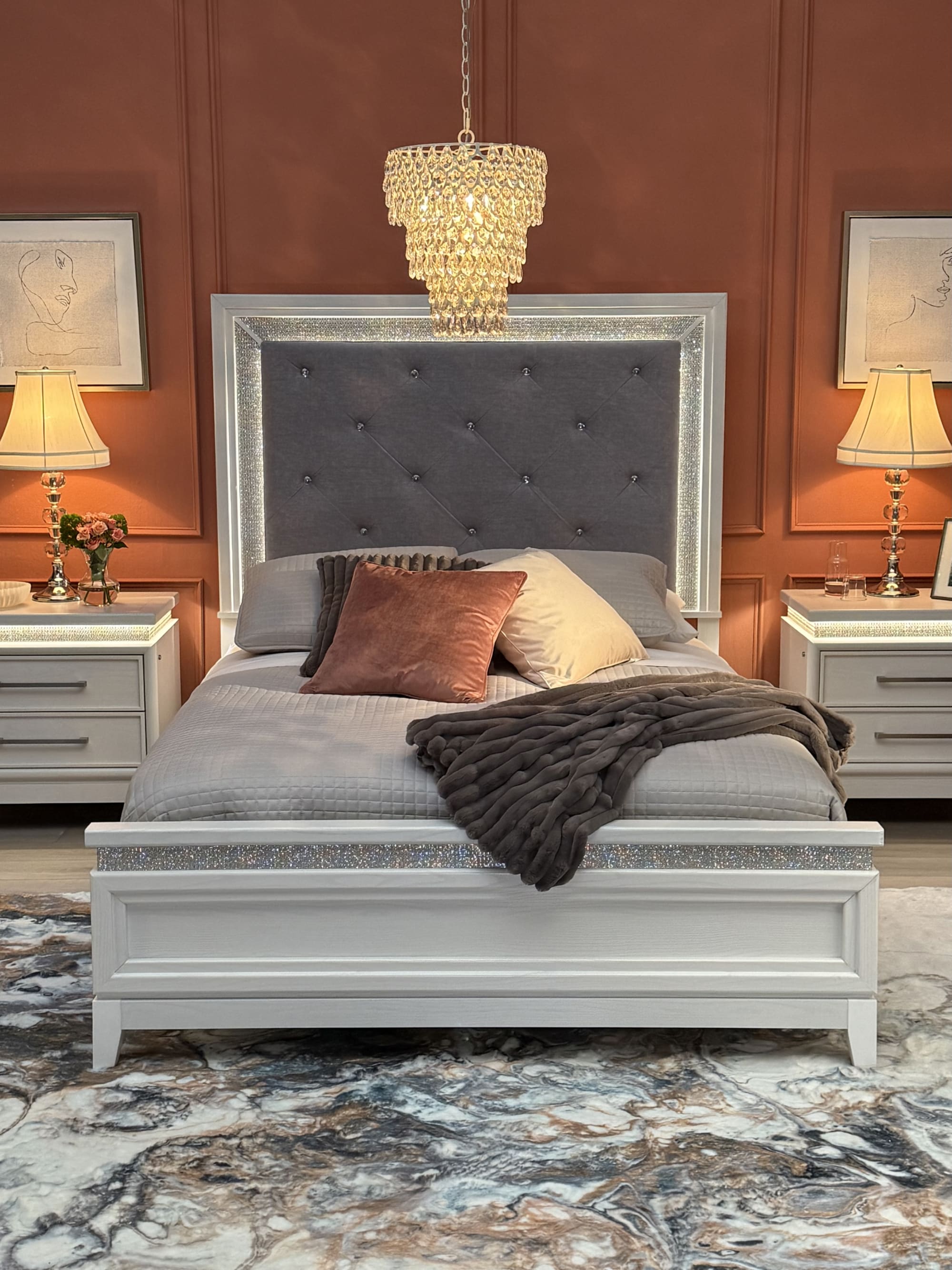 Glamour Upholstered Bed in bedroom with pillows