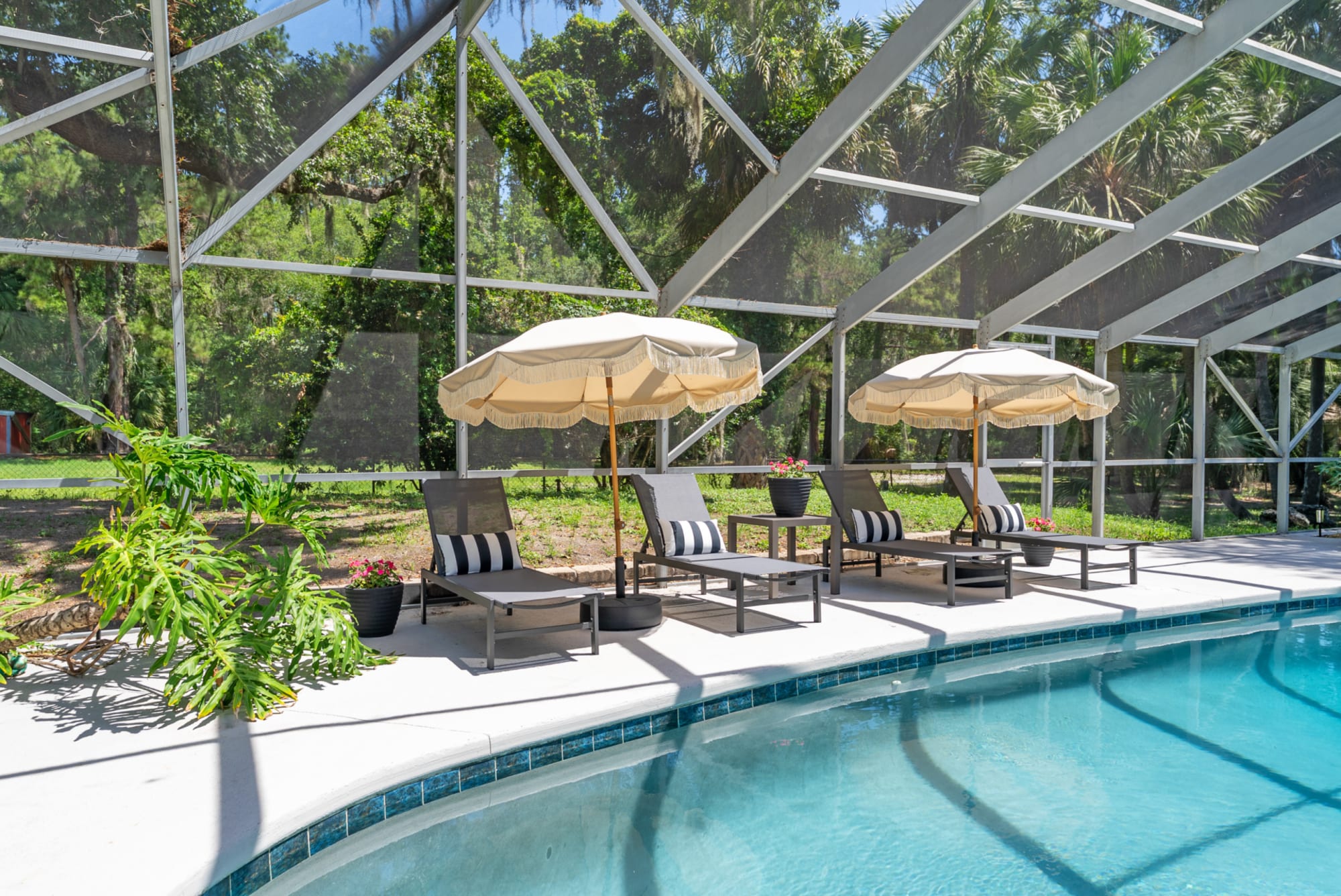 Shot of Kelli Bateman's patio pool featuring chaises and umbrellas