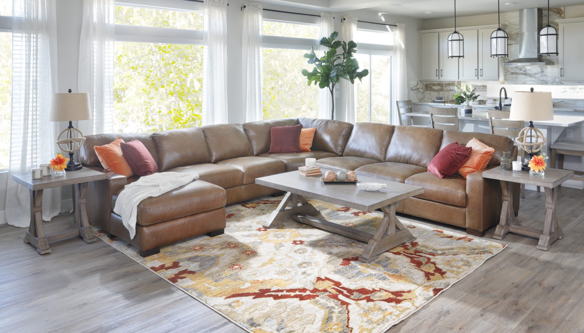 A four piece leather sectional in a living room
