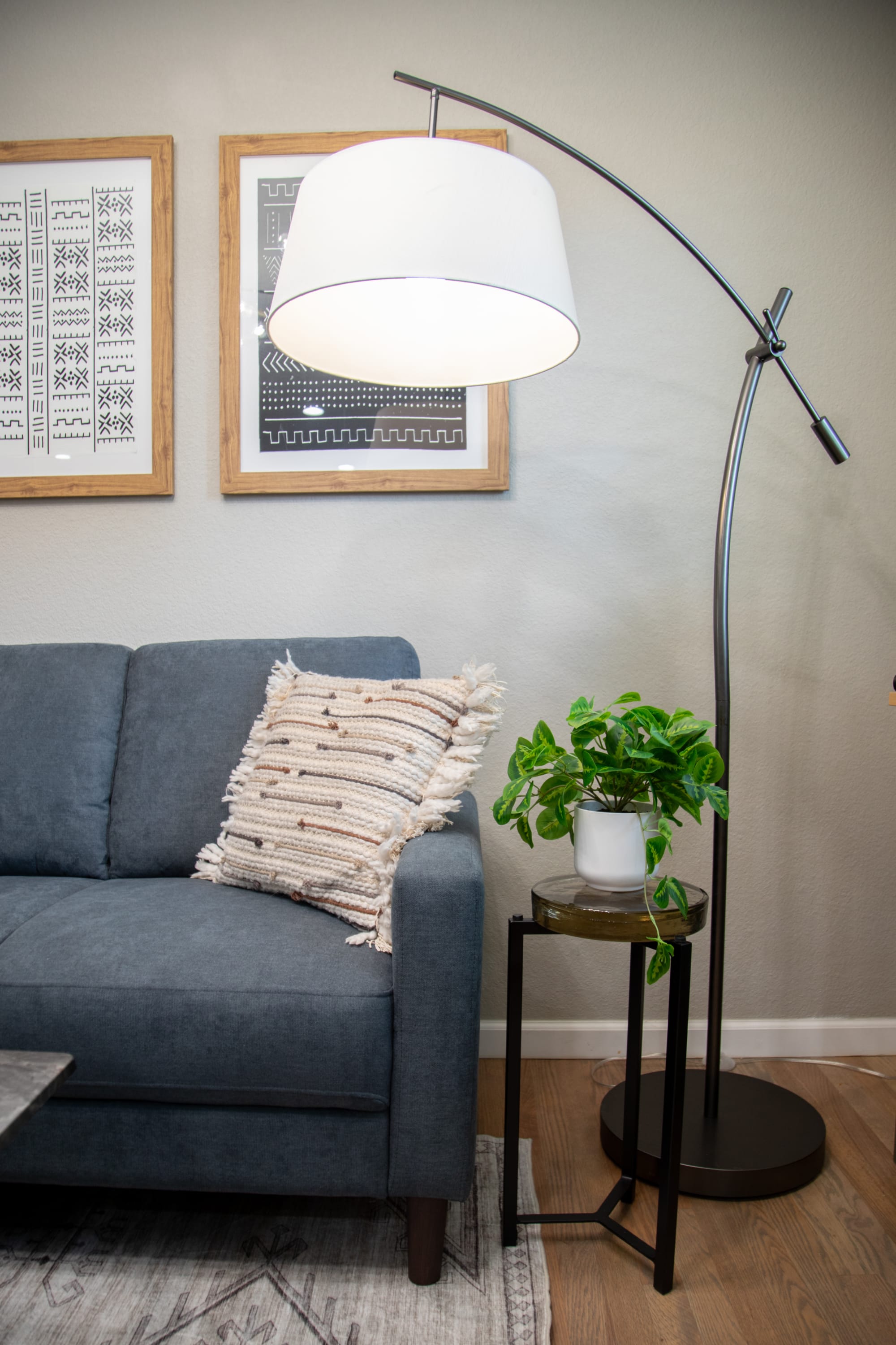 slate blue devon sofa styled in home