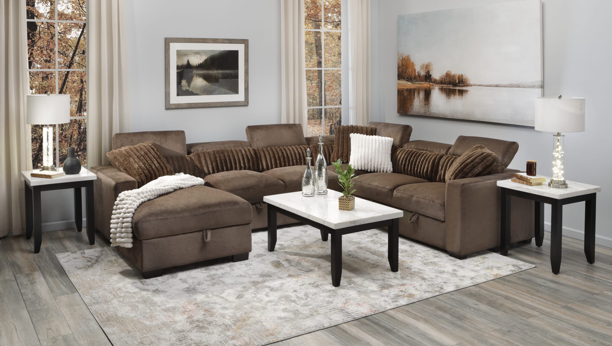 Roxy Sectional. Brown Velvet Sectional in Living room with Fall window scene