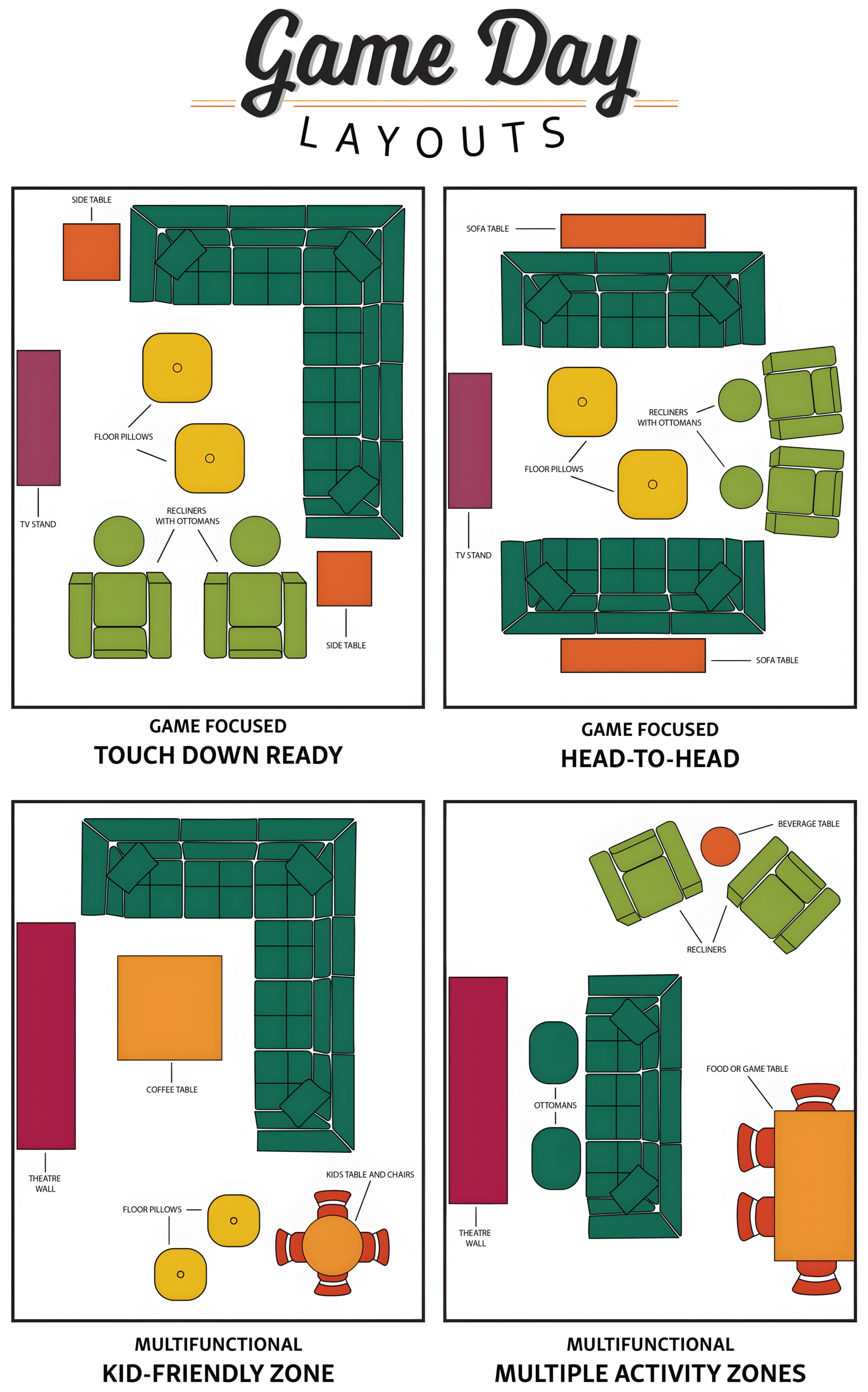 Game Day Layouts. Game Focused, Touchdown Ready. Game Focused, Head to Head. Multifunctional, Kid-Friendly Zone. Multifunctional, Multiple activity Zones.