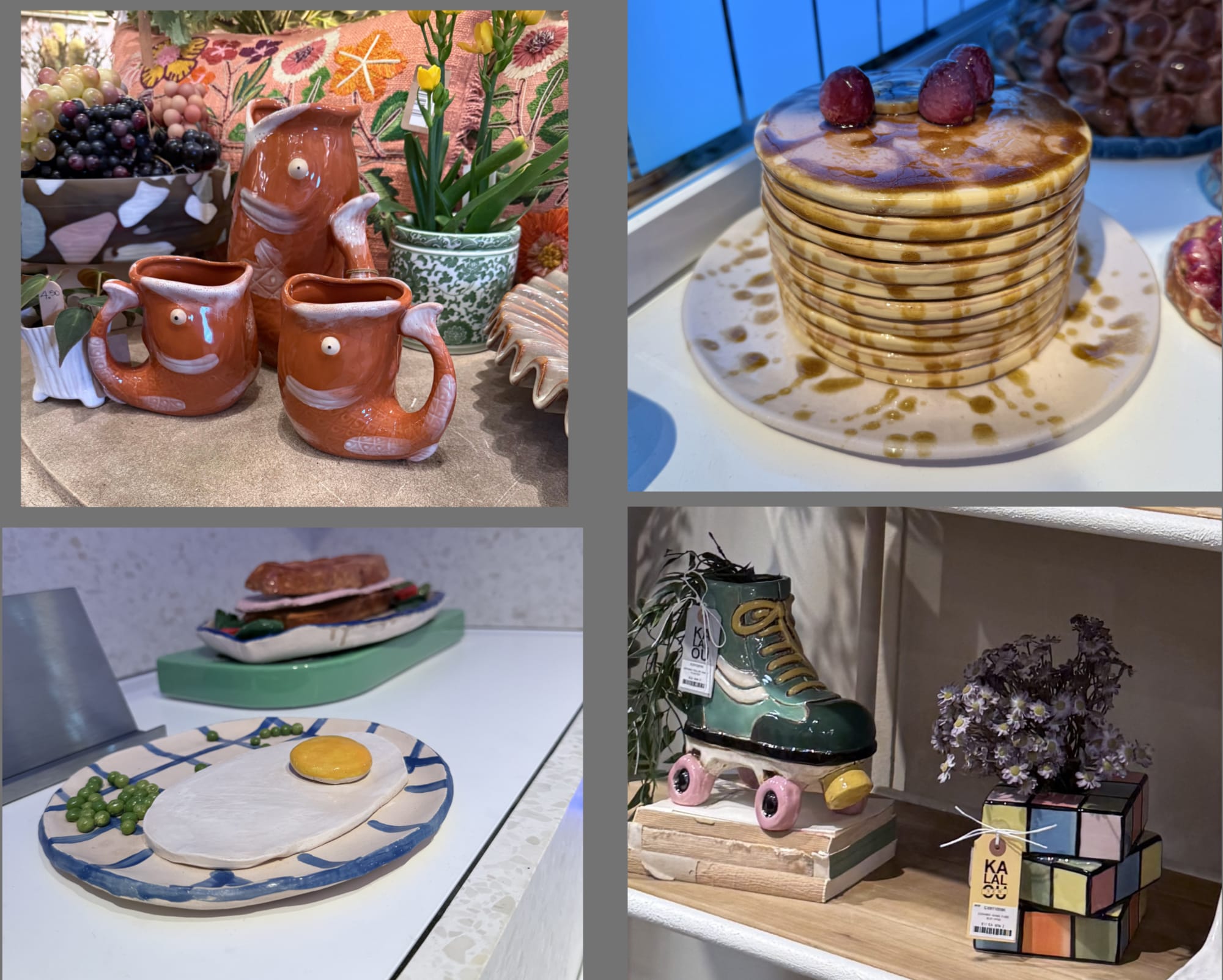 Whimsical decor on glass shelves, examples of whimsey