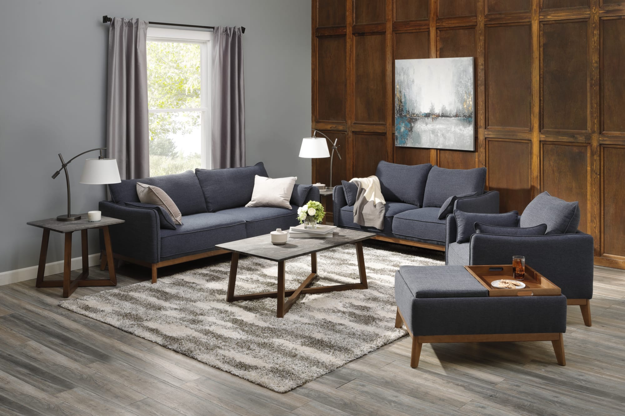 Navy Blue Fabric Sofa Set with Medium toned warm brown wooden base