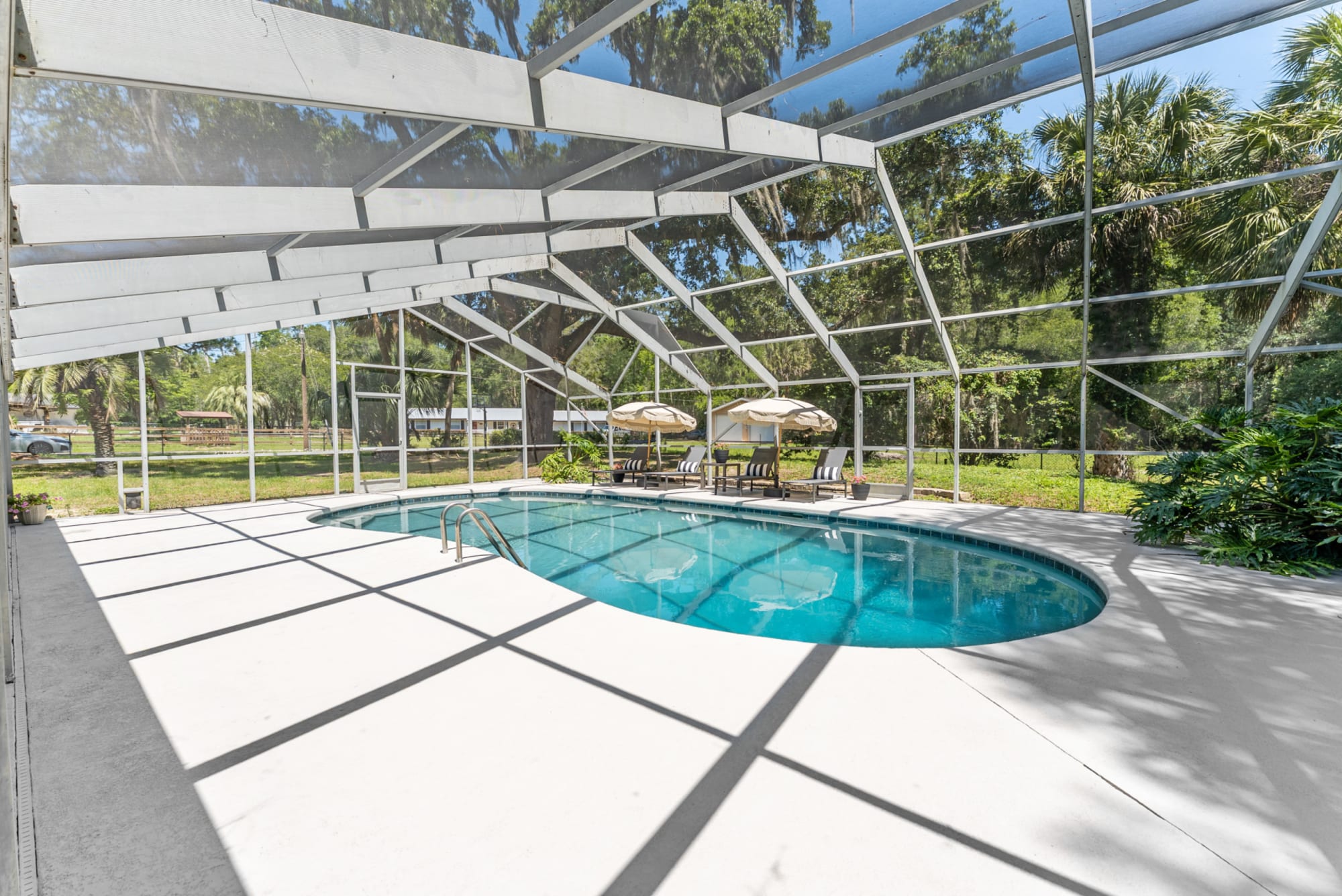 A circular pool in a covered outdoor space