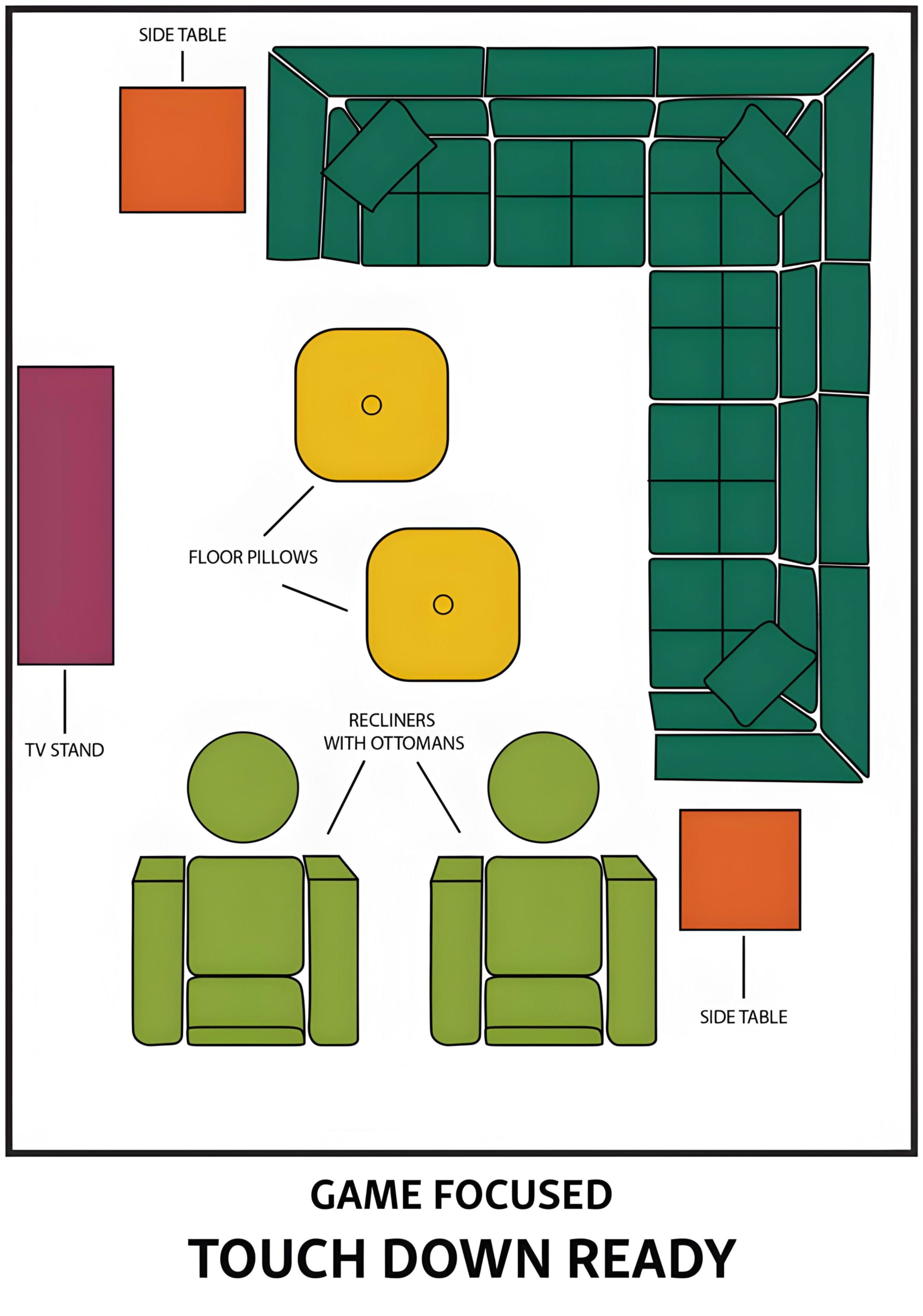Game Day Layouts. Game Focused, Touchdown Ready. Game Focused, Head to Head. Multifunctional, Kid-Friendly Zone. Multifunctional, Multiple activity Zones.