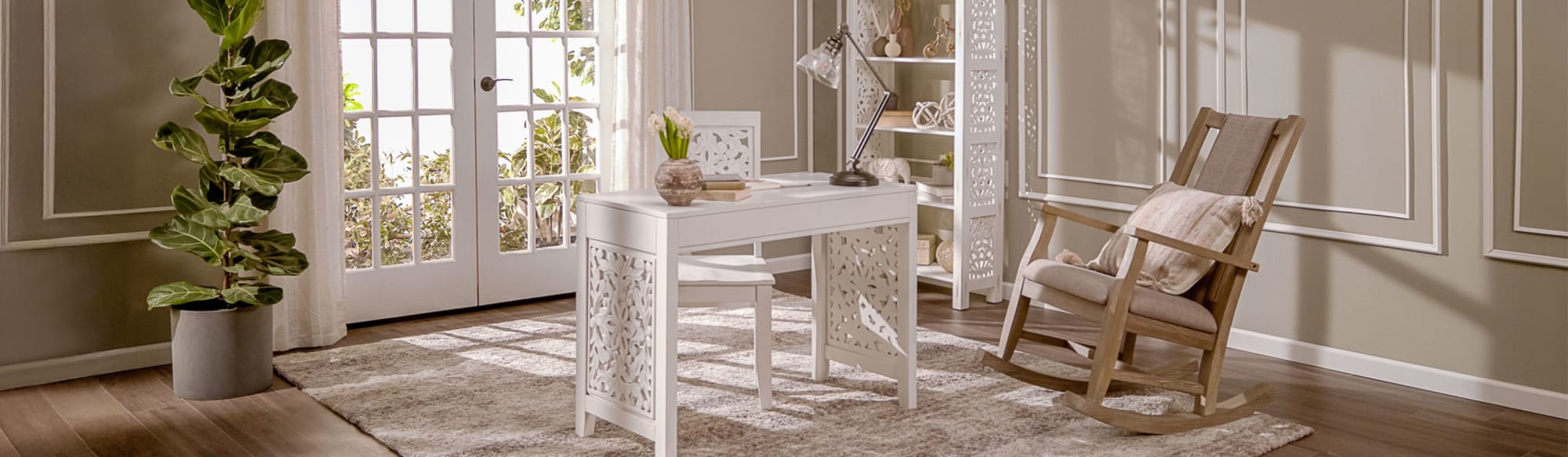 White carved wooden Office Set in home office