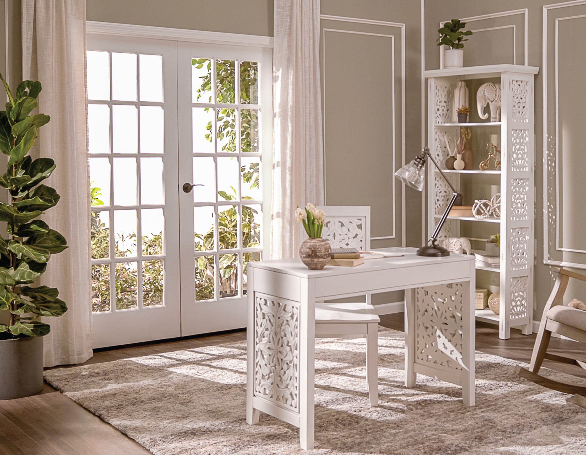 White carved wooden Office Set in home office