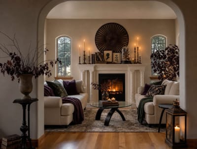 A living room with sophisticated Halloween decor