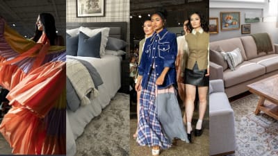Alternating Images between Contemporary Rooms Styled with Vintage Pieces and Fashion Show Runway looks with the same style
