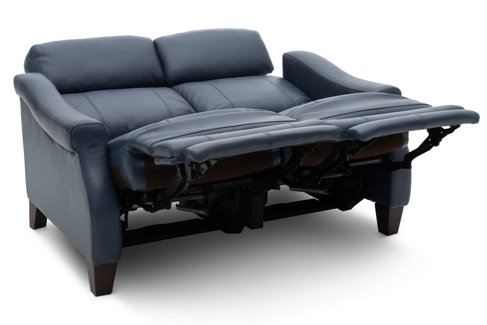 A blue power reclining loveseat with seats reclined on a white background