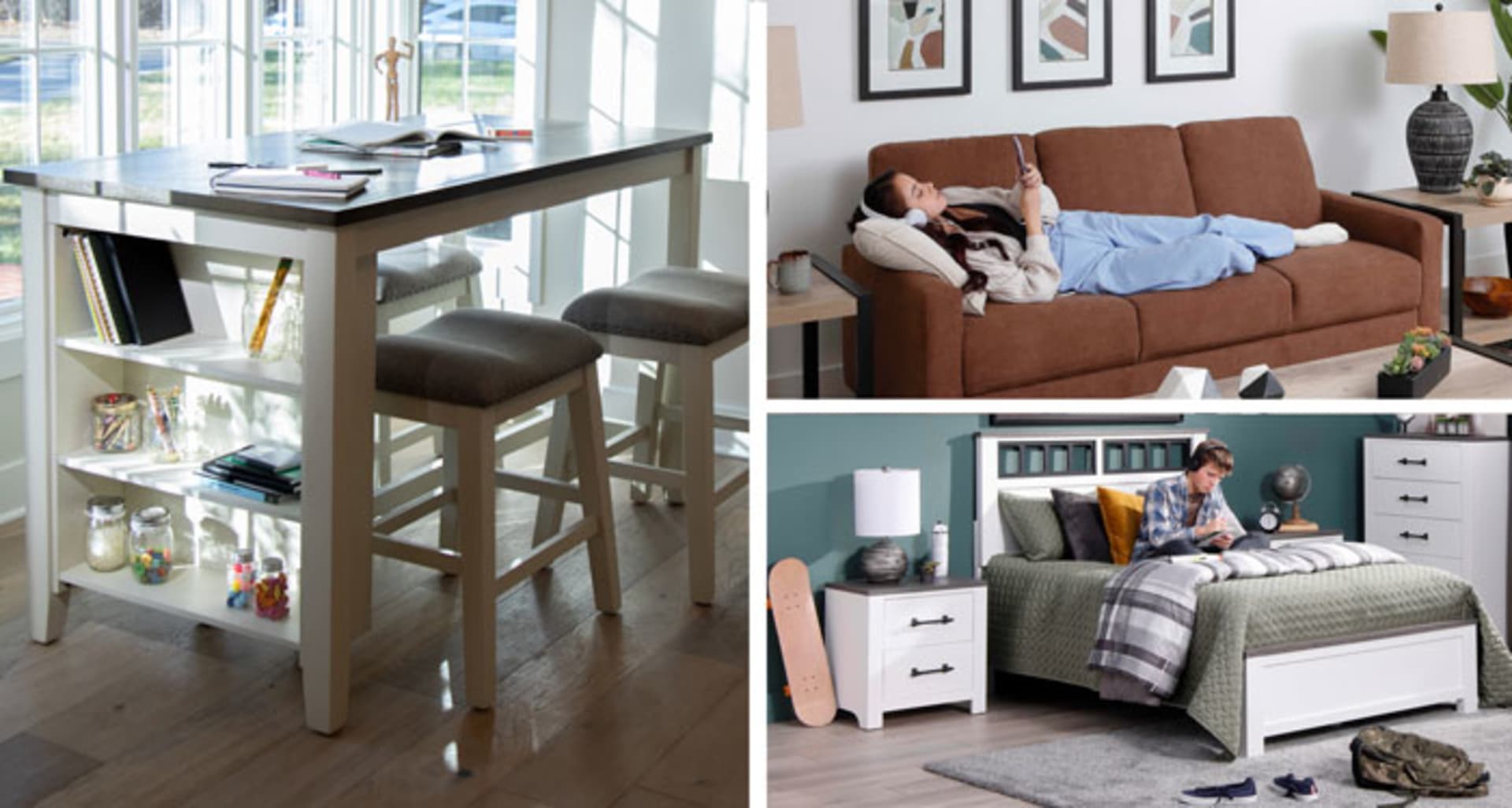 Collage of Back To School Products. Dogwood homework table, Devon sofa, Mason Bedroom Group.