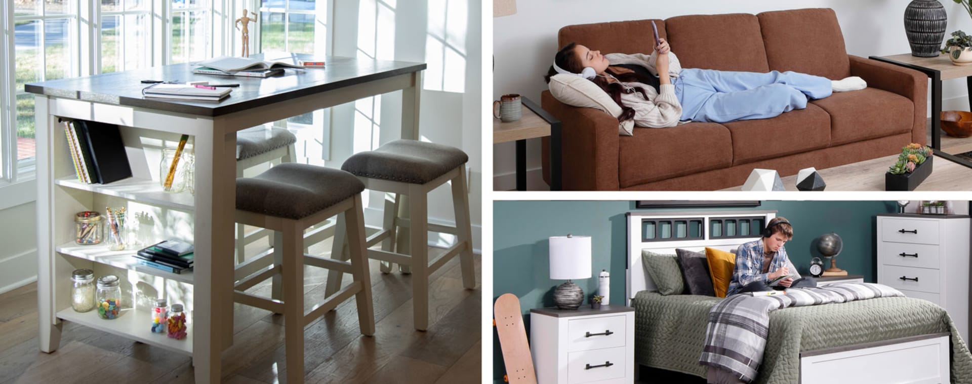 Collage of Back to school photography. Dogwood Homework table, Devon sofa, Mason bedroom set.
