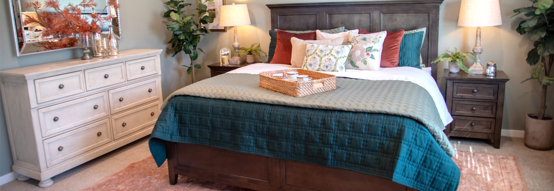 Bering Bed in bedroom with cottage style, red and blue bedding and decor