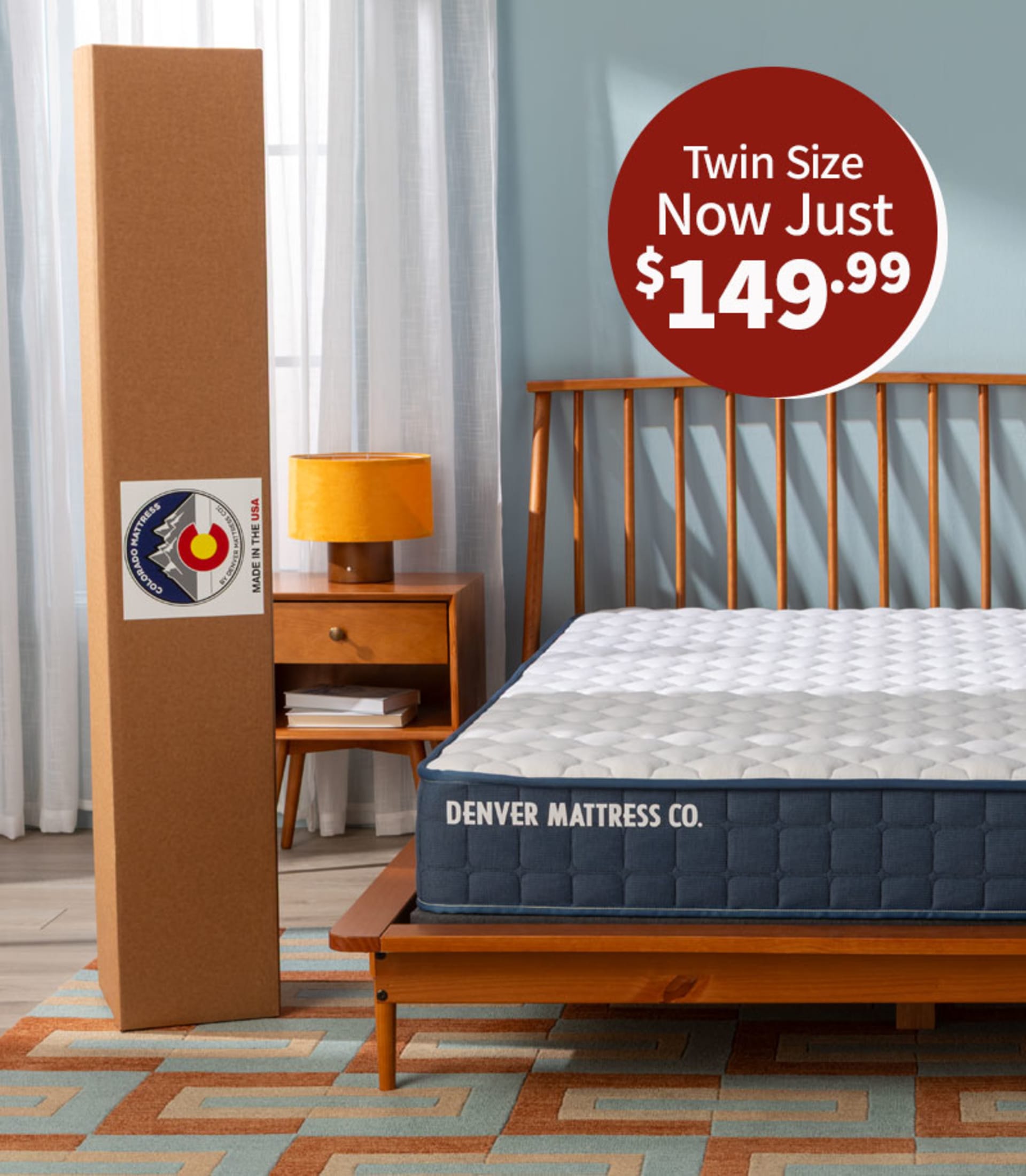 Colorado Mattress in Bedroom with Mattress Box and Girl with dog. Twin Size now just $149.99.