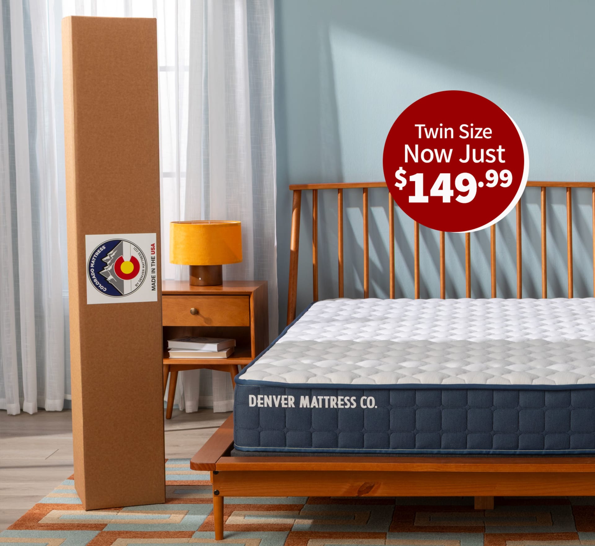 Colorado Mattress in Bedroom with Mattress Box and Girl with dog. Twin Size now just $149.99.