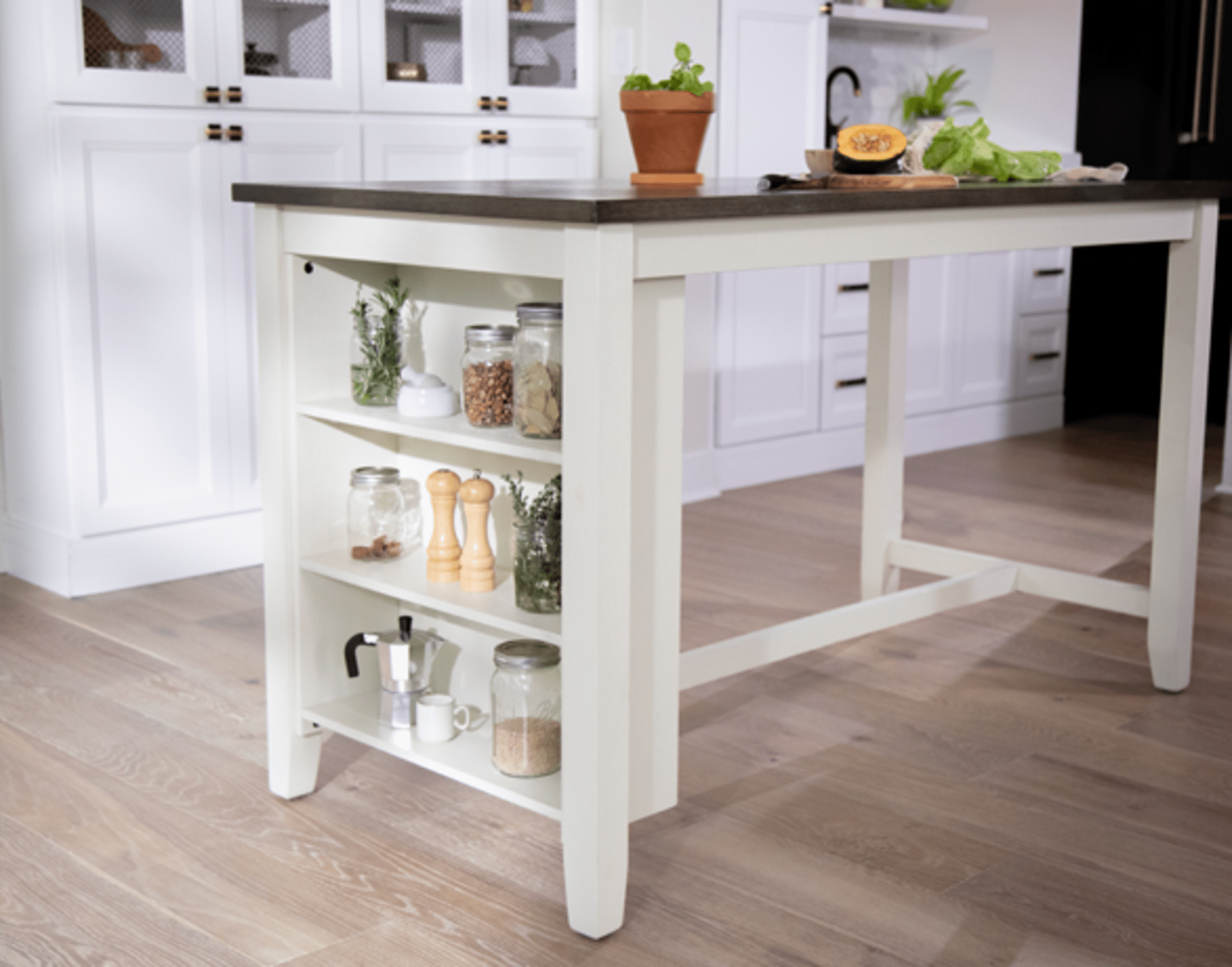 White and Brown Wooden Countertop Storage Table