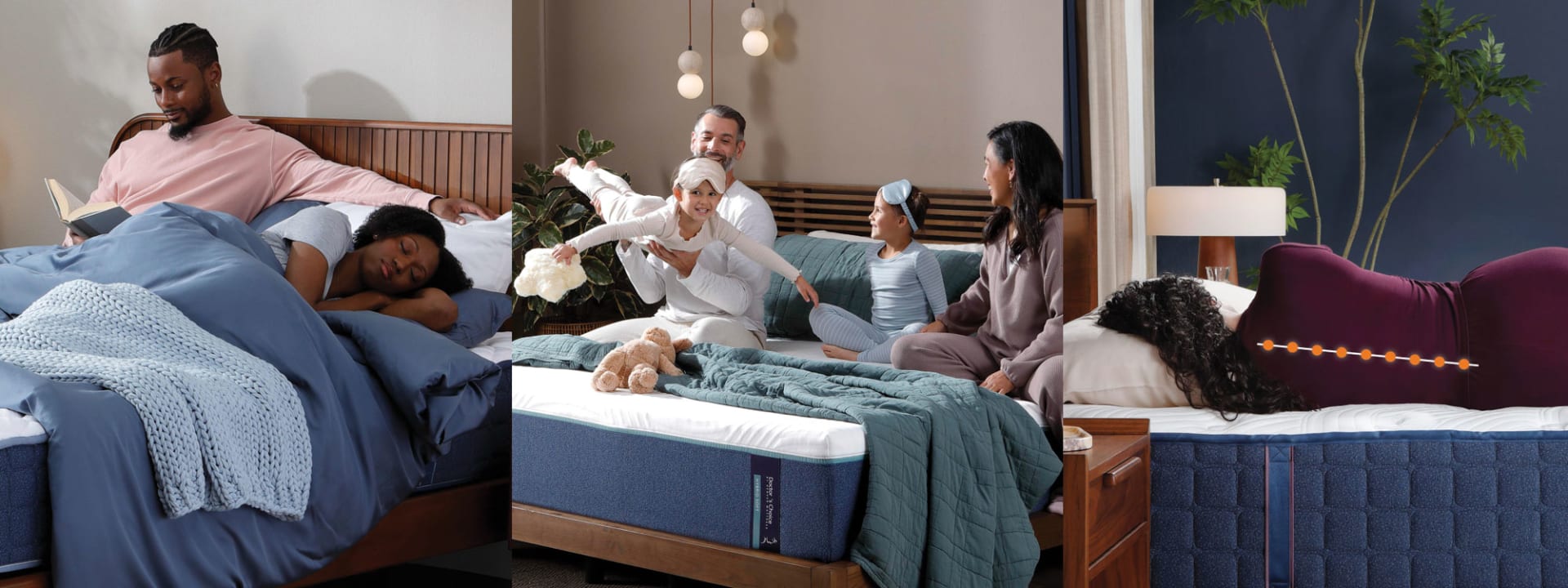 Collage of Doctor's Choice Mattress Images. Families in bedrooms with families and good spinal alignments.