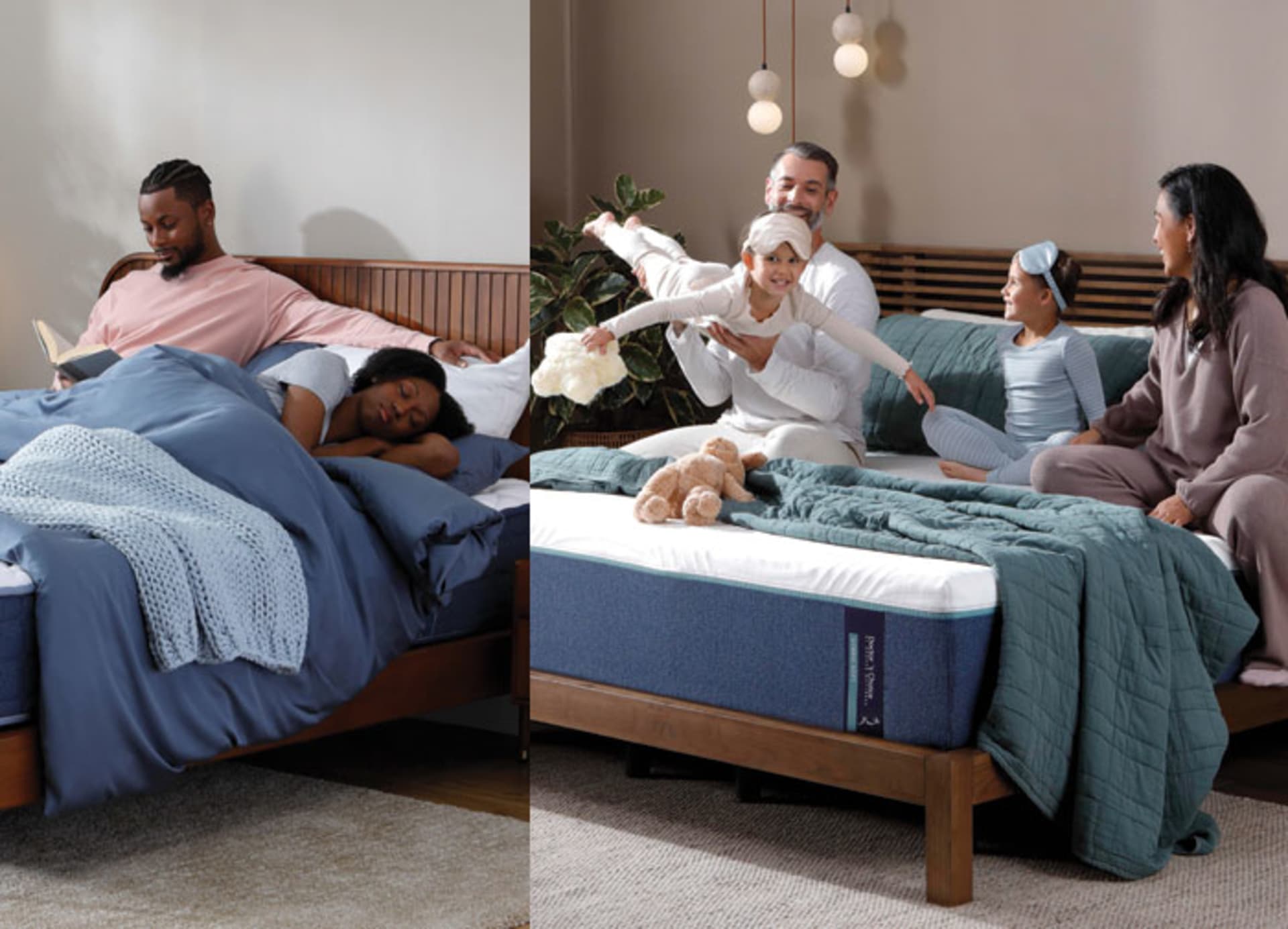 Collage of Doctor's Choice Mattress Images. Families in bedrooms with families and good spinal alignments.