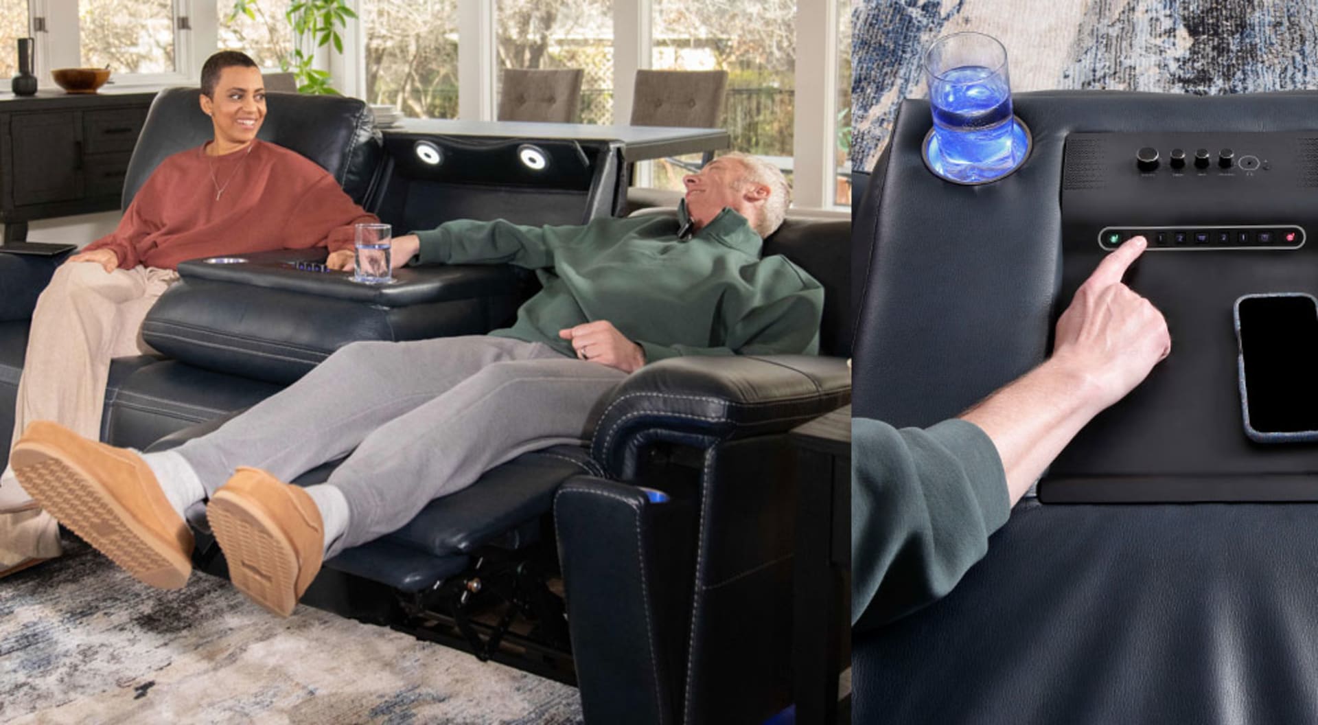 Couple reclining in Harmonic Home Theater Power Sofa with Immersive Sound.