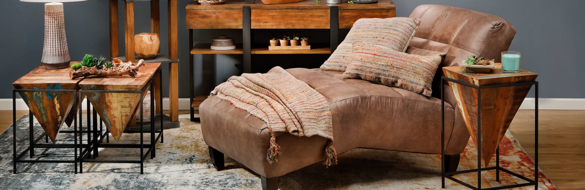 Mocha Mouse Colored Chaise Lounge Sofa Table, Side Tables, and Lam