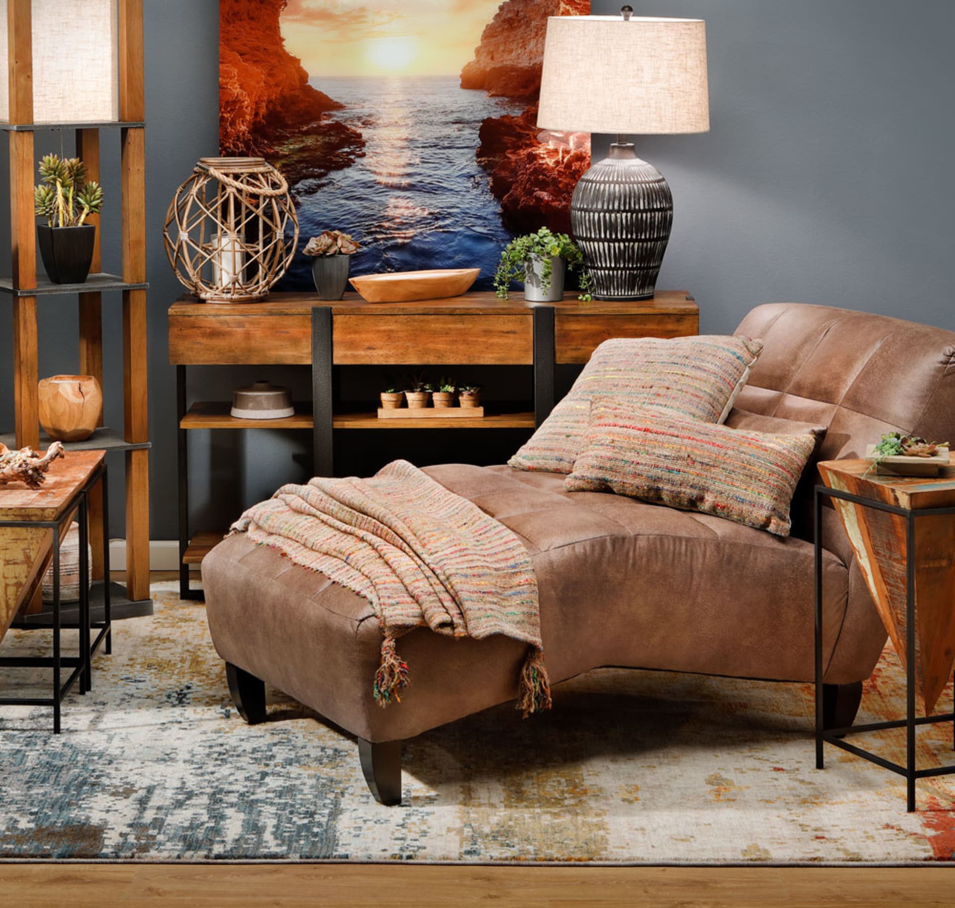 Mocha Mouse Colored Chaise Lounge Sofa Table, Side Tables, and Lamp